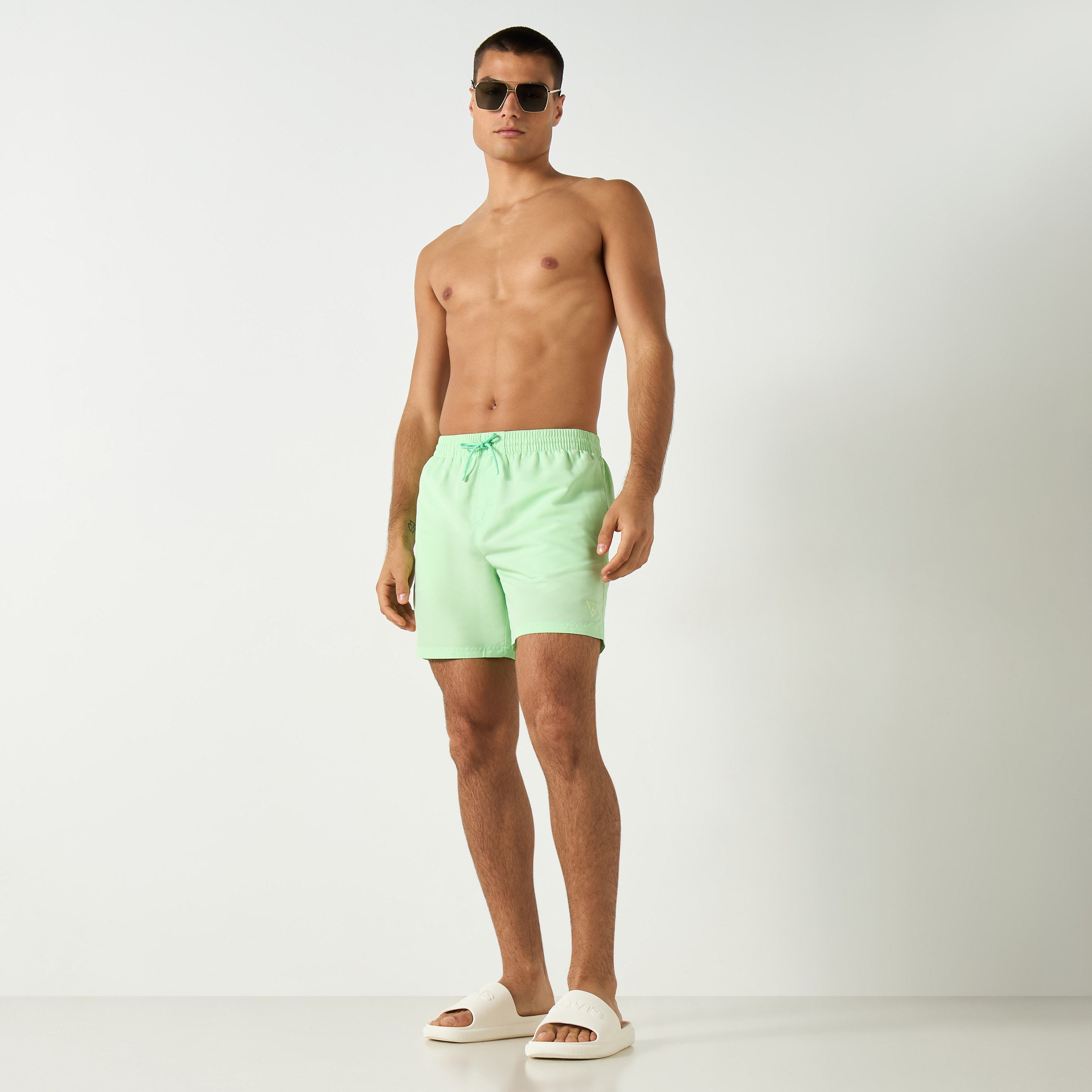 Guess Solid Swim Shorts with Drawstring Closure and Pockets-men-clothing-swimandbeach-shorts-image-3