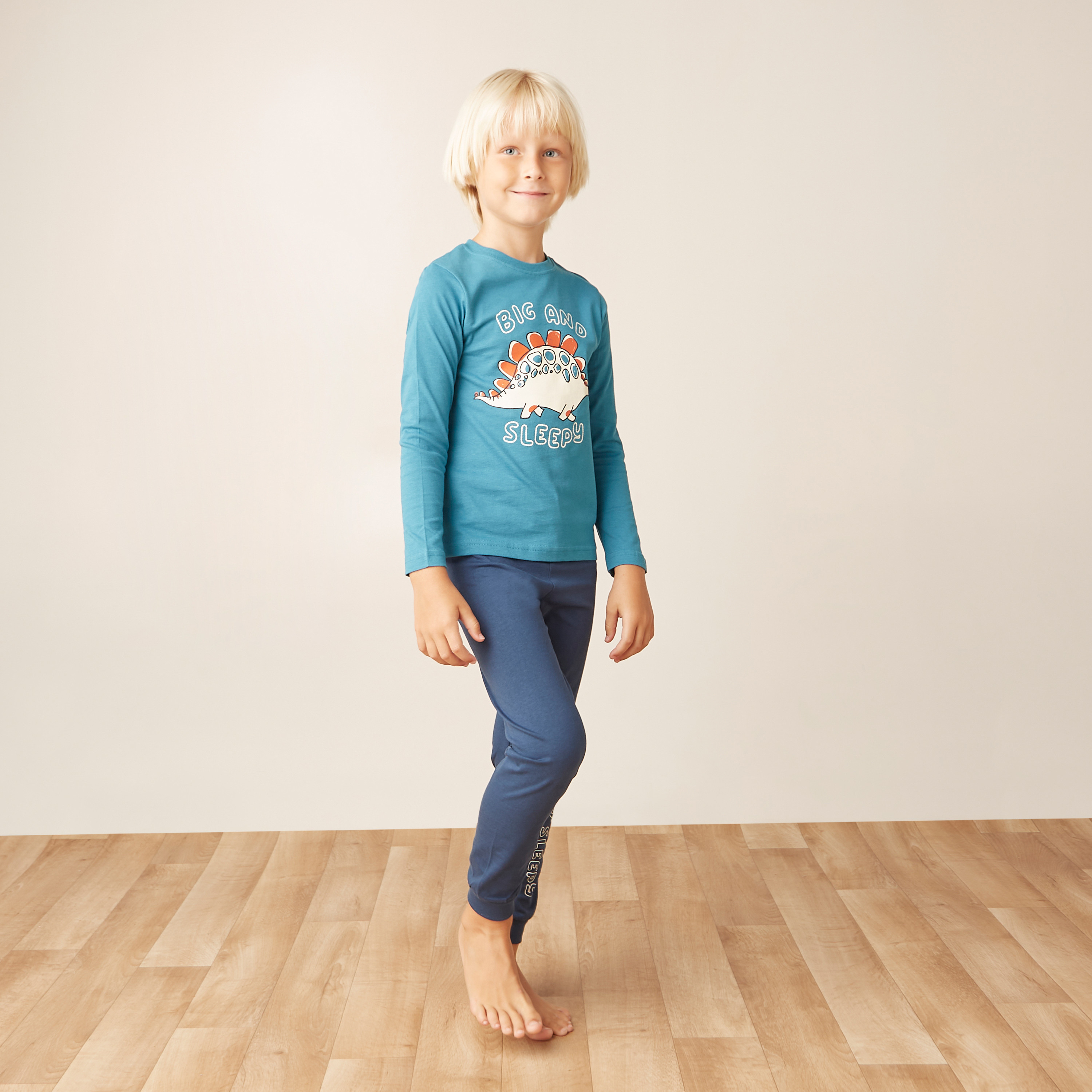 Juniors Dinosaur Print Long Sleeves T-shirt and Pyjama Set-boys-clothing-nightwear-image-1