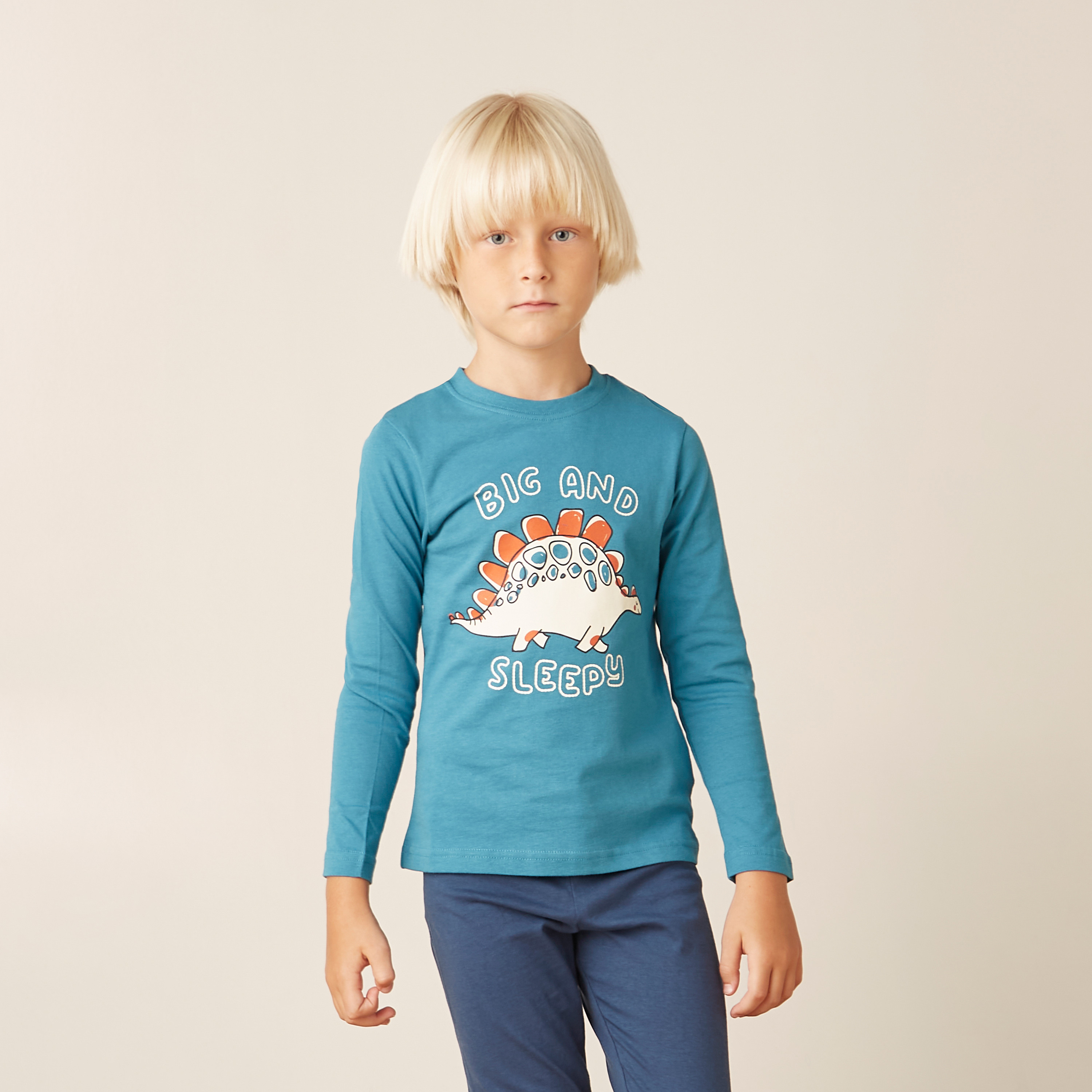 Juniors Dinosaur Print Long Sleeves T-shirt and Pyjama Set-boys-clothing-nightwear-image-2