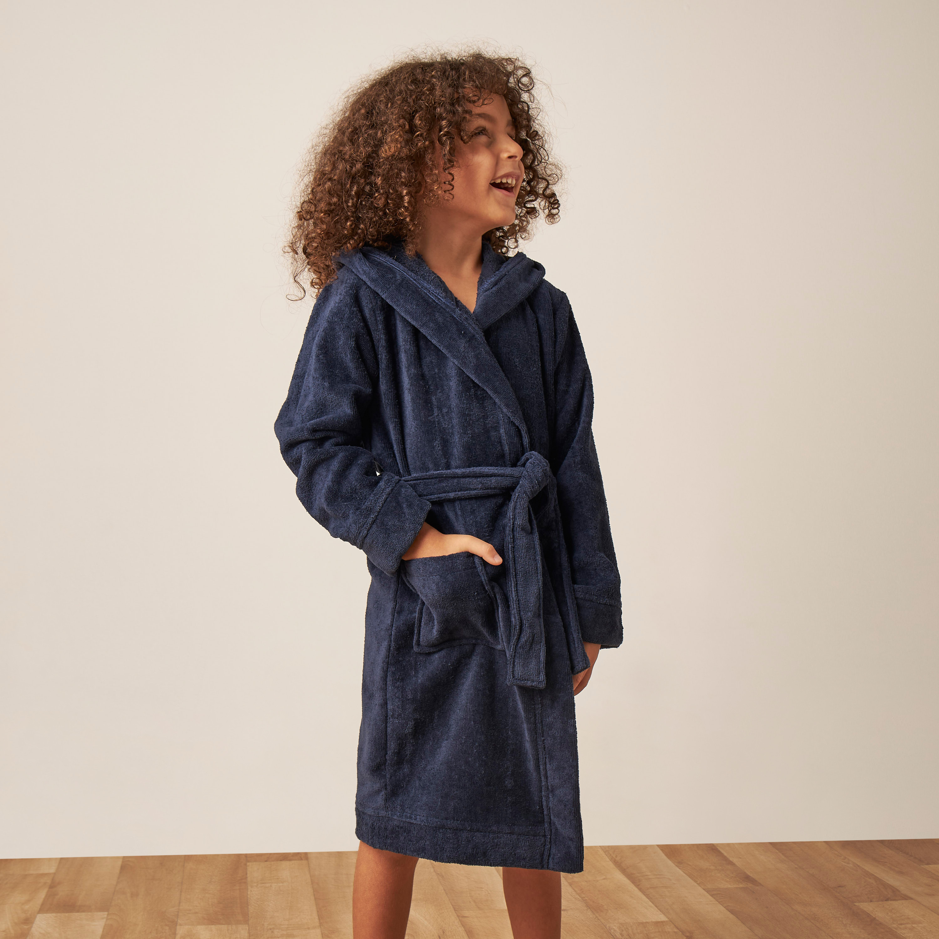 Juniors Textured Hooded Bathrobe with Tie-Up Belt-baby-bathandcare-towels-image-1