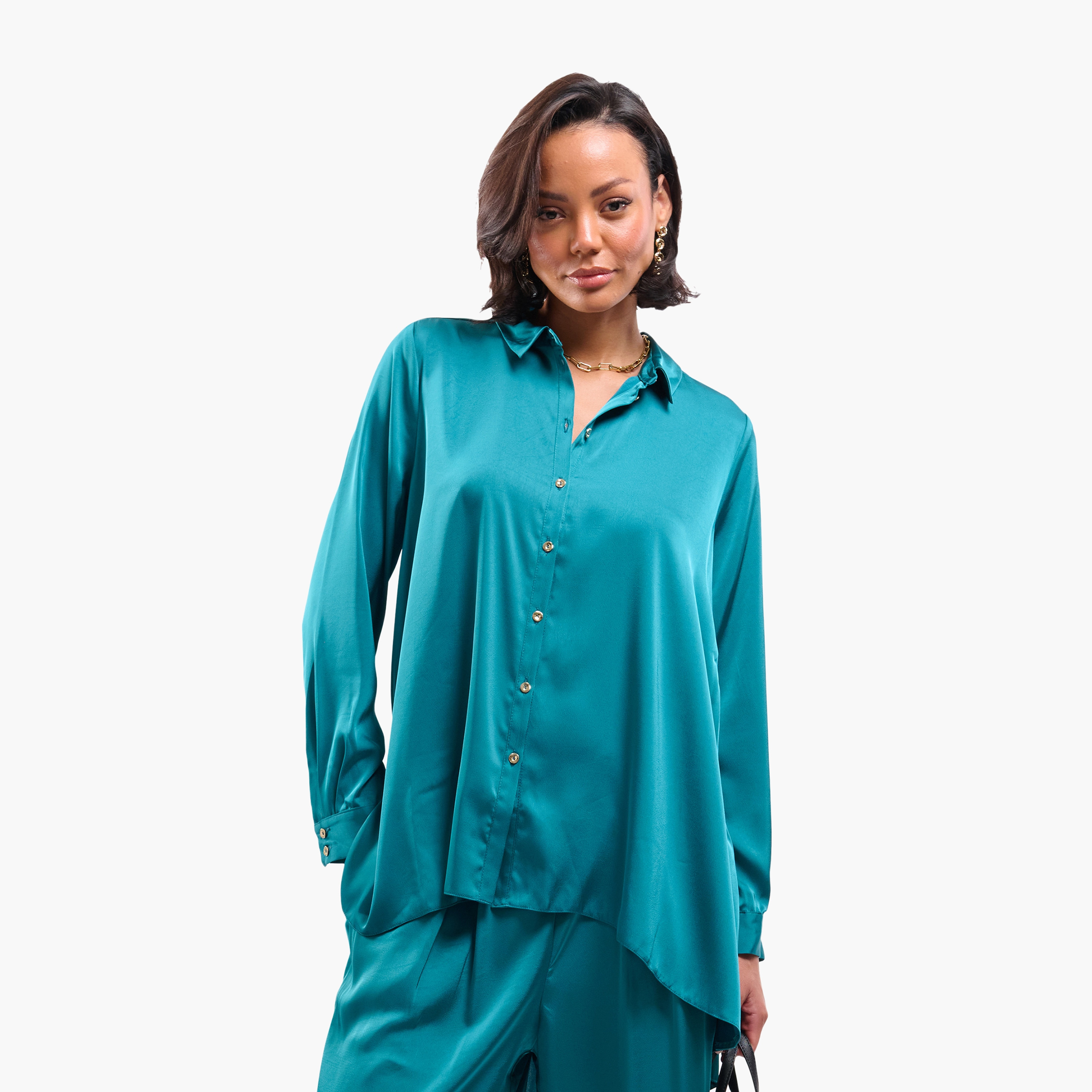 FAIA Teal Plain Satin Collared Women's Shirt-women-clothing-shirtsandblouses-shirts-image-1