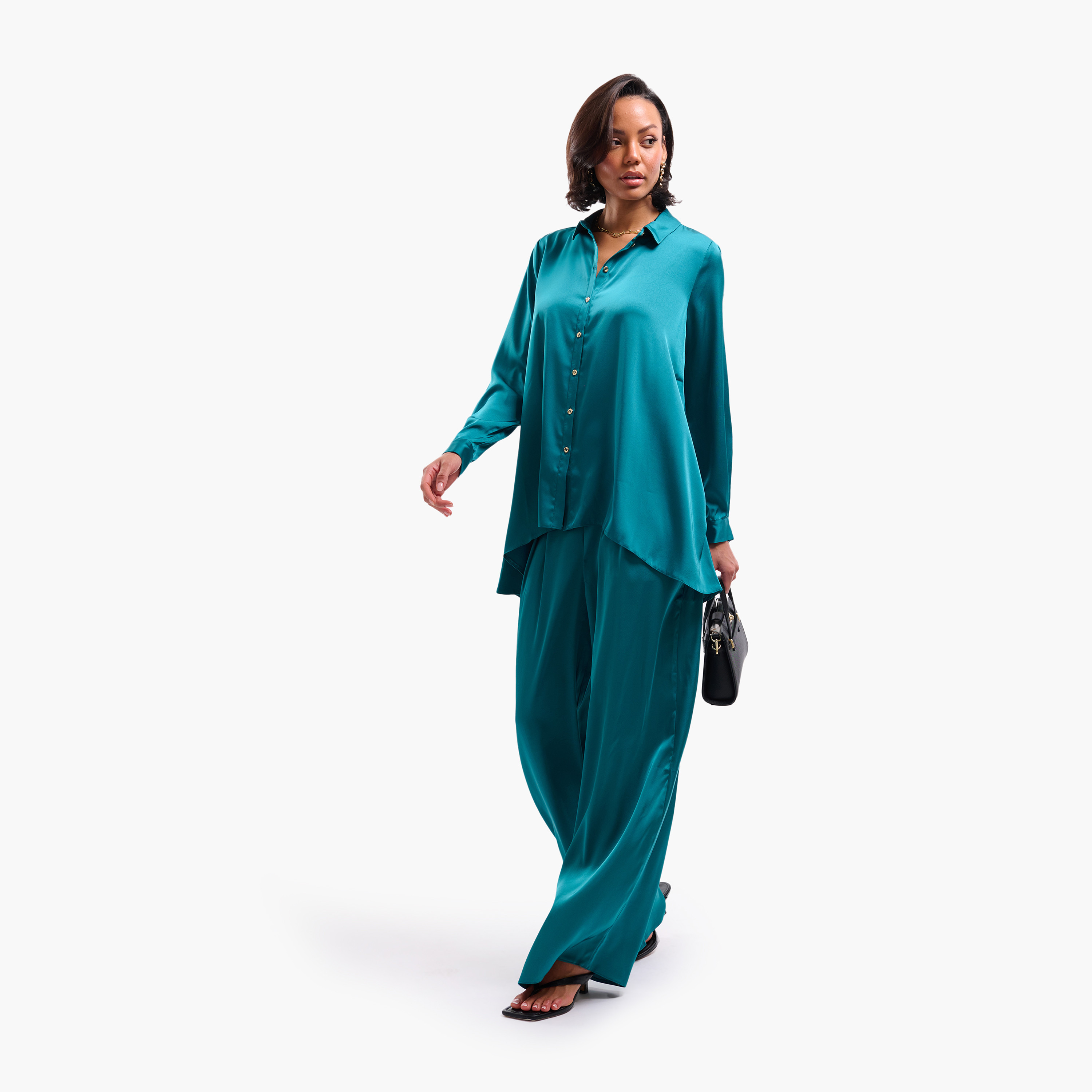 FAIA Teal Plain Satin Collared Women's Shirt-women-clothing-shirtsandblouses-shirts-image-2
