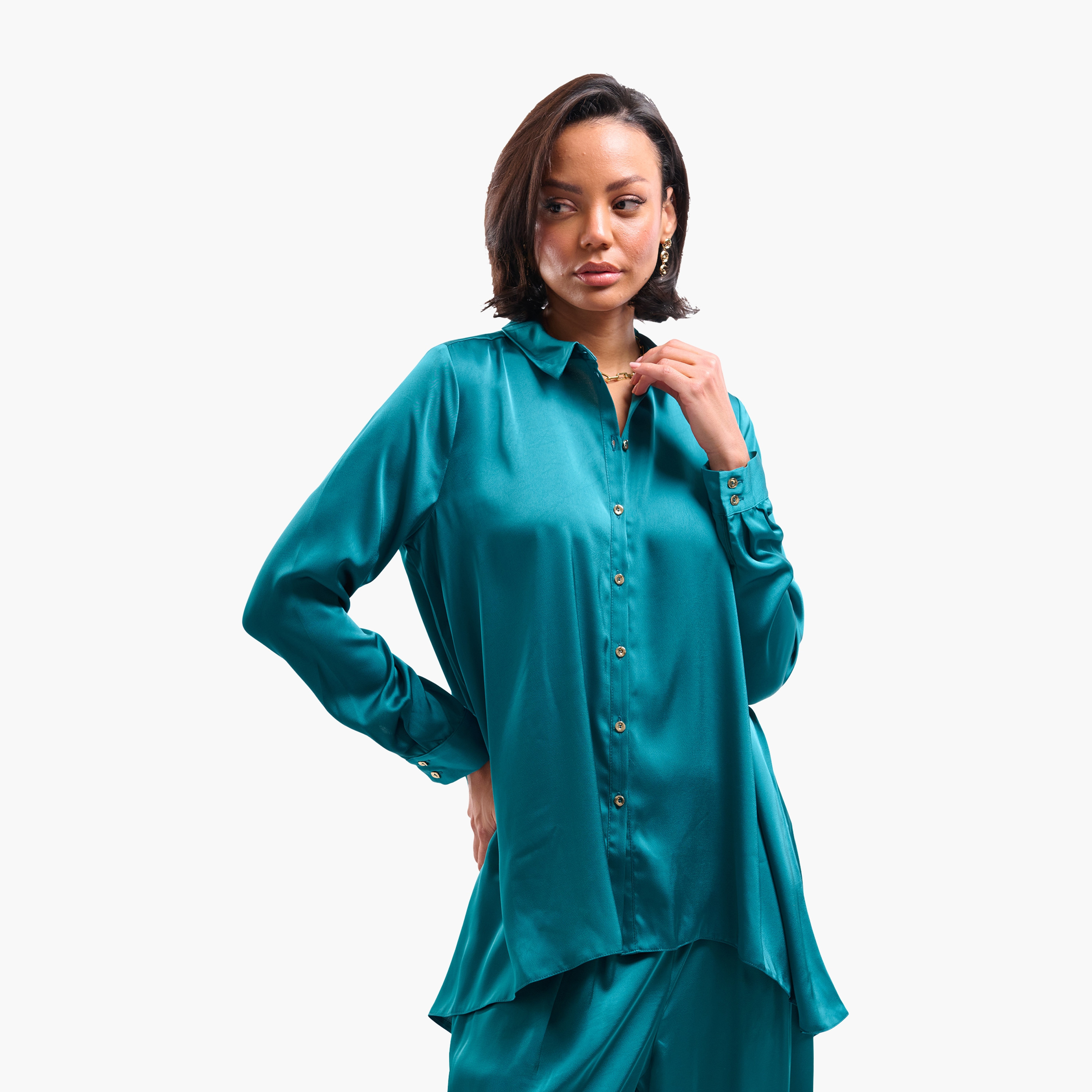 FAIA Teal Plain Satin Collared Women's Shirt-women-clothing-shirtsandblouses-shirts-image-5