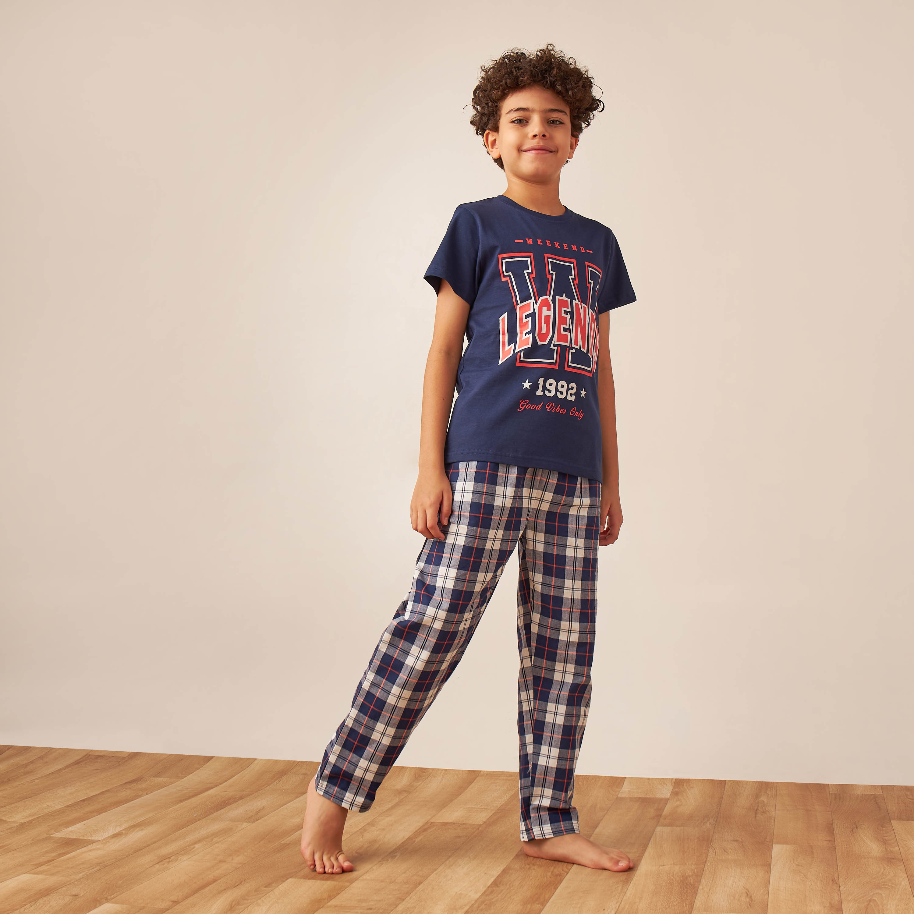 Juniors Printed T-shirt and Checked Pyjama Set-boys-clothing-nightwear-image-1
