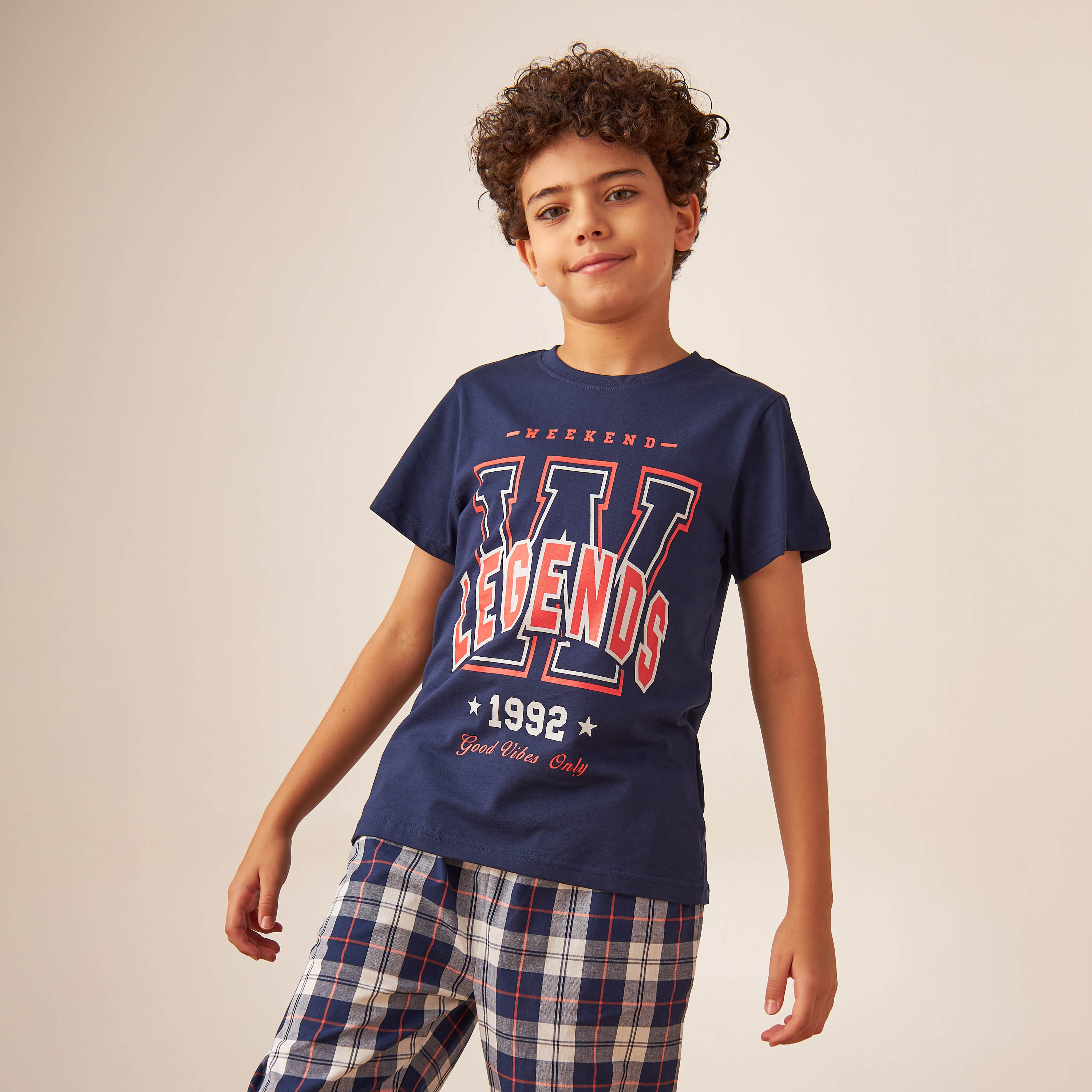 Juniors Printed T-shirt and Checked Pyjama Set-boys-clothing-nightwear-image-2