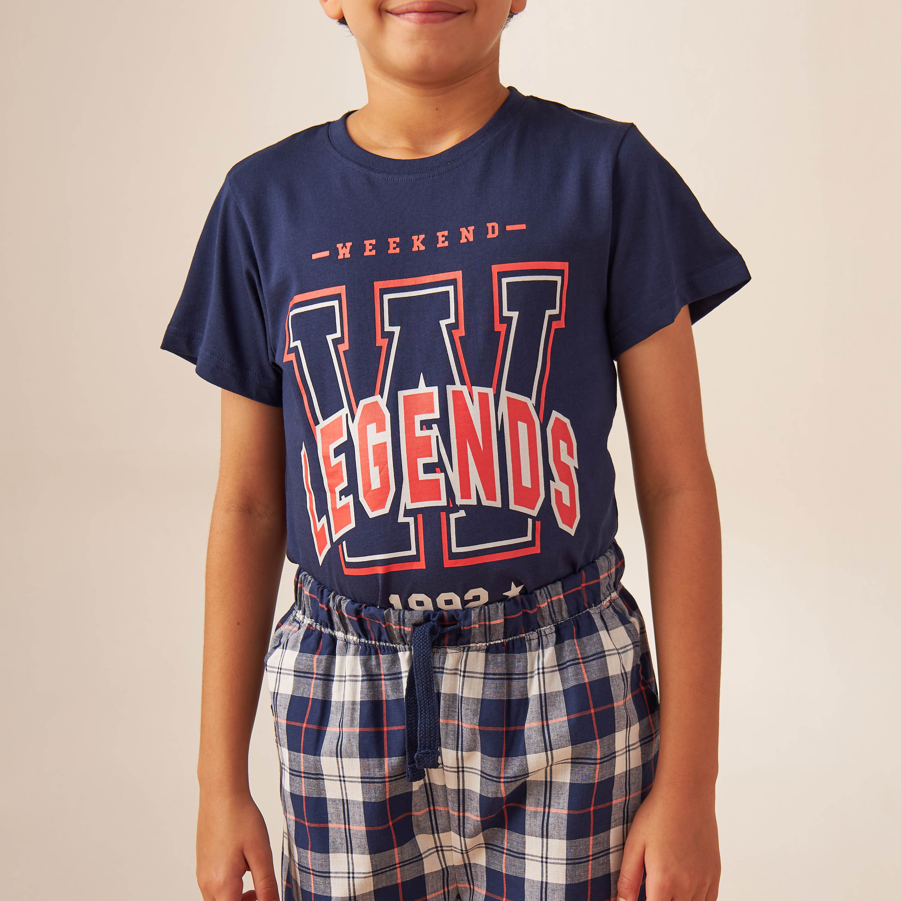 Juniors Printed T-shirt and Checked Pyjama Set-boys-clothing-nightwear-image-4
