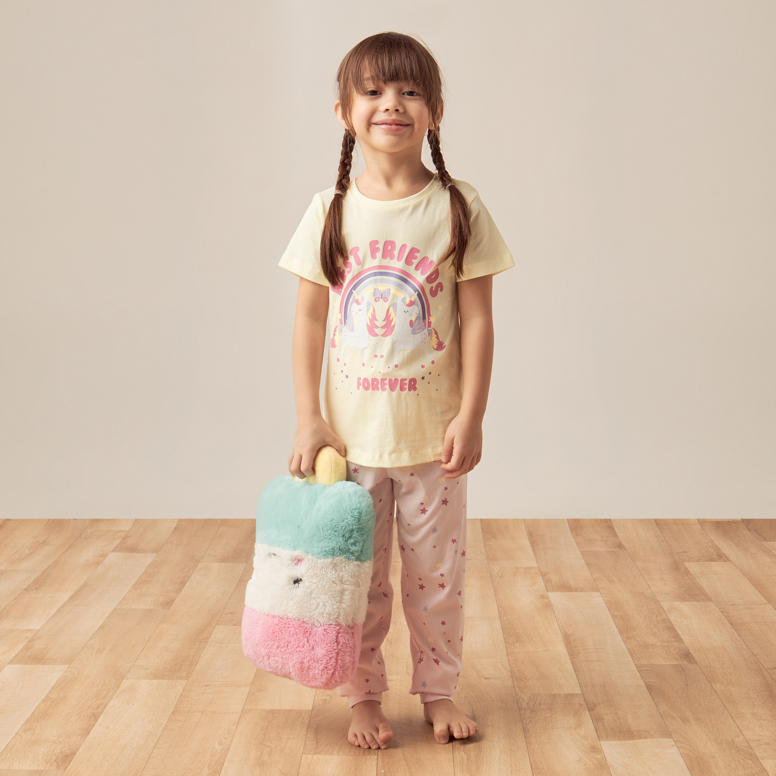 Juniors Unicorn Slogan Print Short Sleeves T-shirt and Elasticated Pyjama Set-girls-clothing-nightwear-image-1