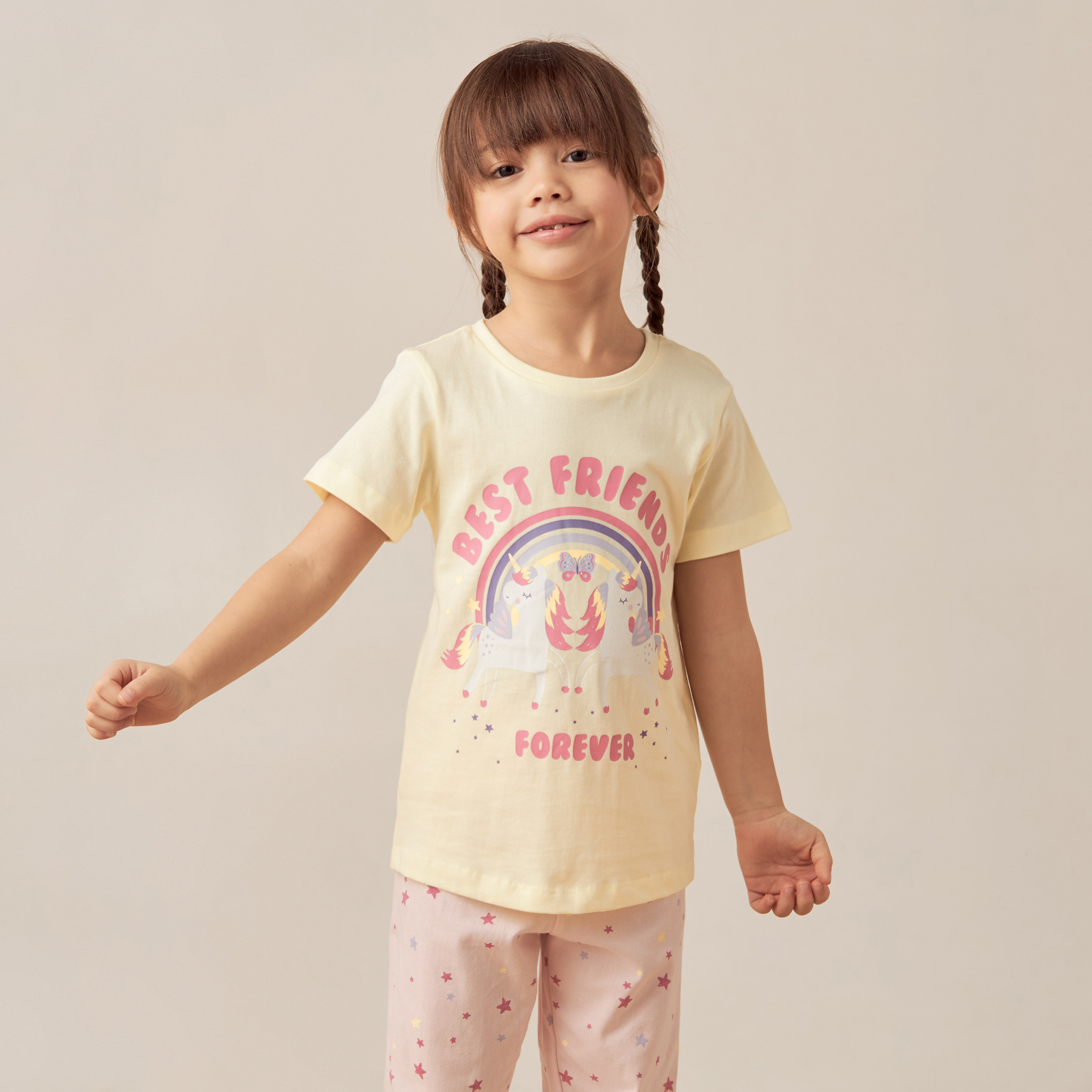 Juniors Unicorn Slogan Print Short Sleeves T-shirt and Elasticated Pyjama Set-girls-clothing-nightwear-image-2