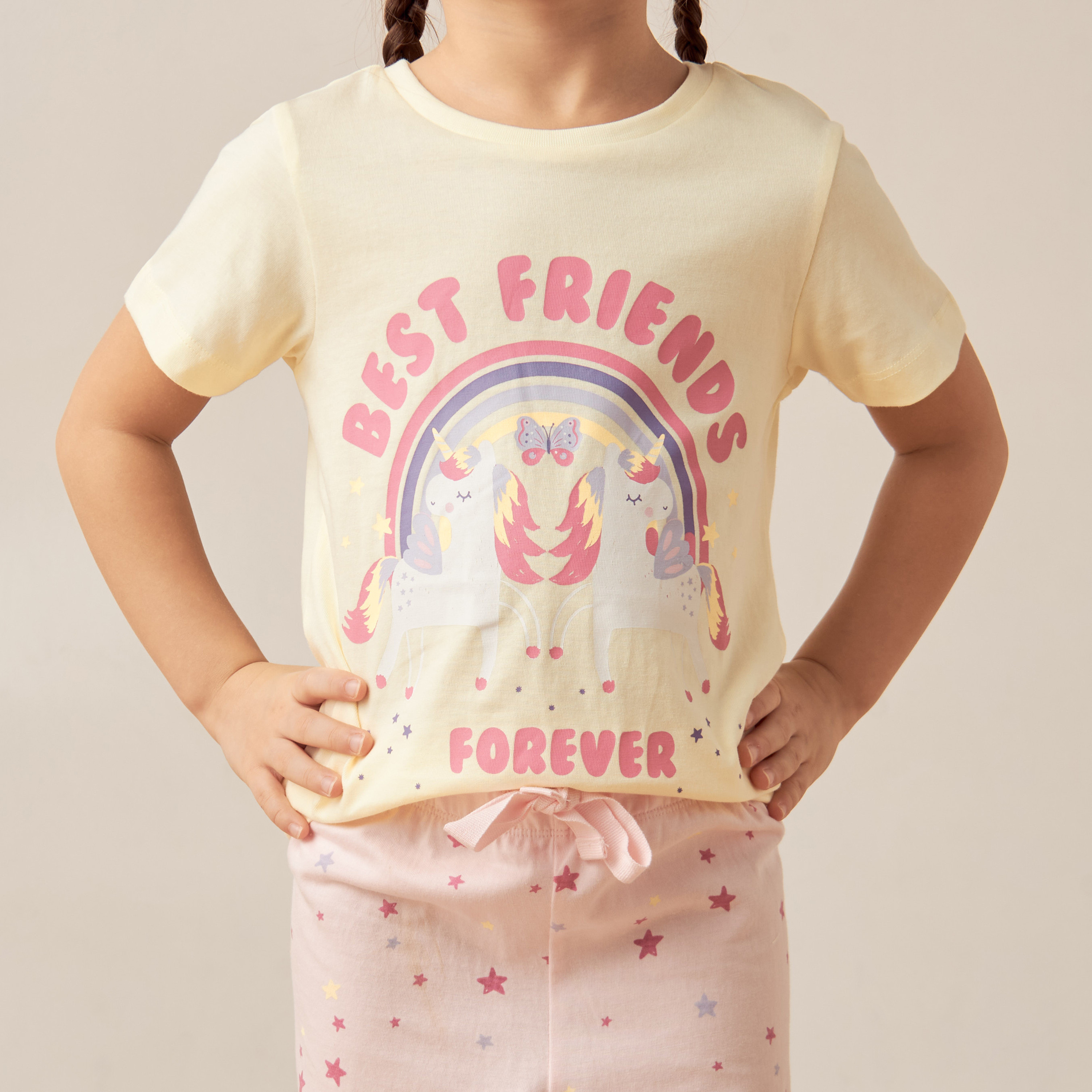 Juniors Unicorn Slogan Print Short Sleeves T-shirt and Elasticated Pyjama Set-girls-clothing-nightwear-image-4