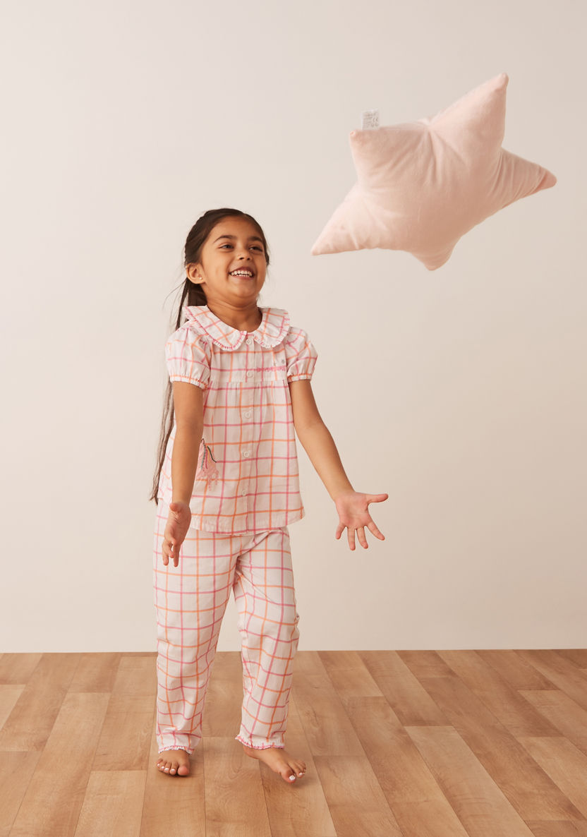 Juniors Checked Unicorn Embroidered Top and Pyjama Set-Pyjama Sets-image-0