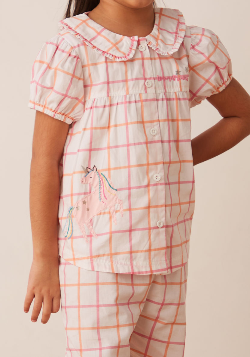 Juniors Checked Unicorn Embroidered Top and Pyjama Set-Pyjama Sets-image-2