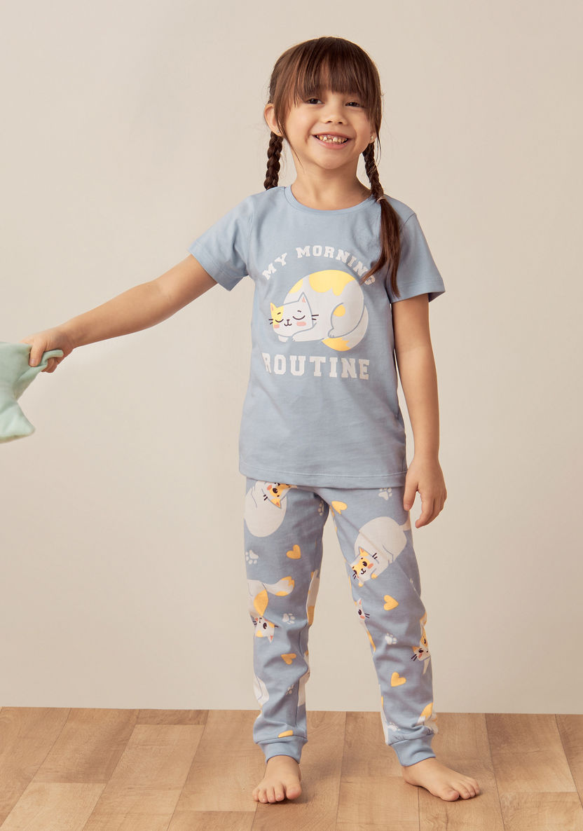 Juniors Cat Slogan Print Short Sleeves T-shirt and Elasticated Pyjama Set-Pyjama Sets-image-0