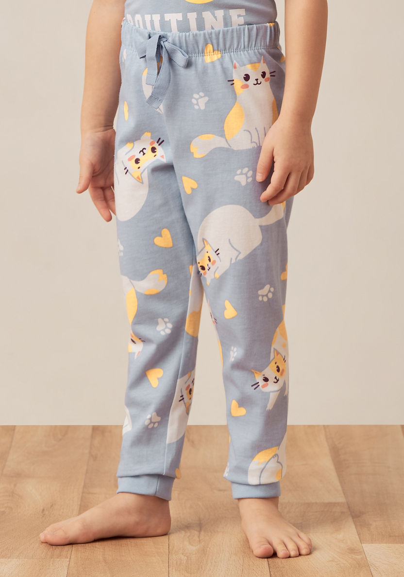 Juniors Cat Slogan Print Short Sleeves T-shirt and Elasticated Pyjama Set-Pyjama Sets-image-2