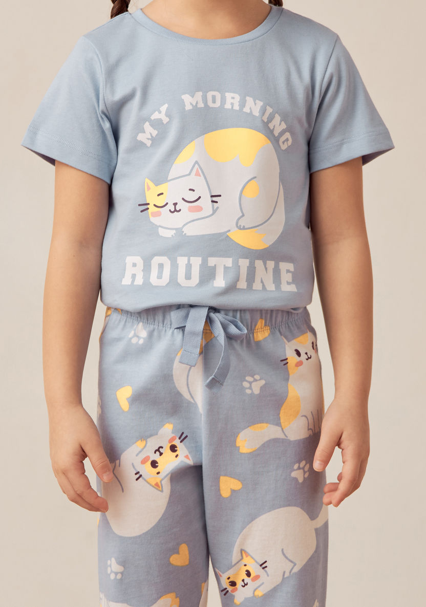 Juniors Cat Slogan Print Short Sleeves T-shirt and Elasticated Pyjama Set-Pyjama Sets-image-3