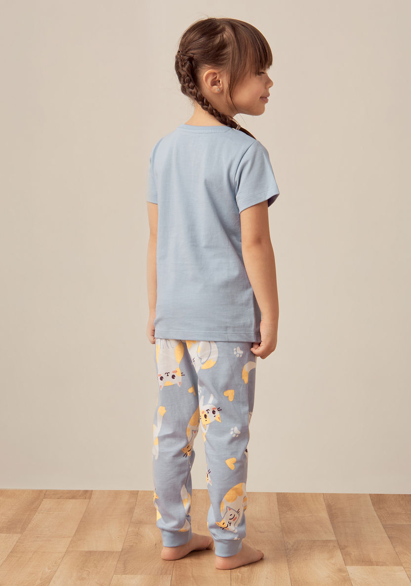 Juniors Cat Slogan Print Short Sleeves T-shirt and Elasticated Pyjama Set-Pyjama Sets-image-4