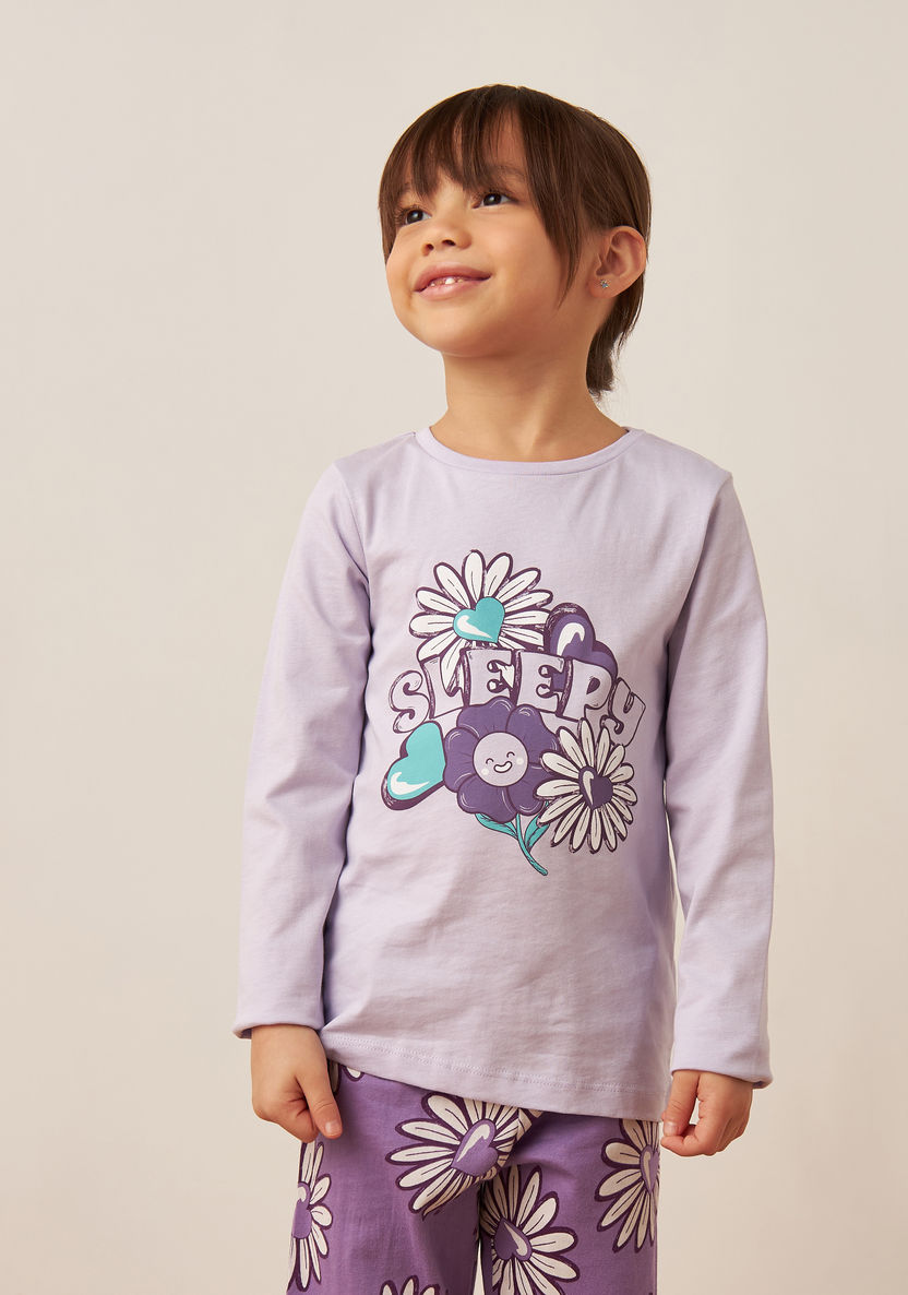Juniors Floral Print Long Sleeves T-shirt and Pyjama Set-Nightwear-image-1