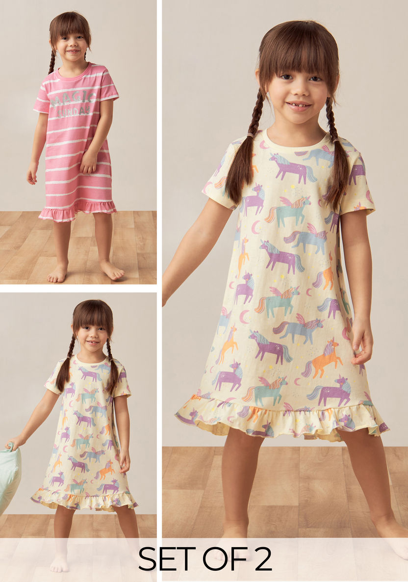 Juniors Printed Night Dress with Ruffles - Set of 2-Nightwear-image-0