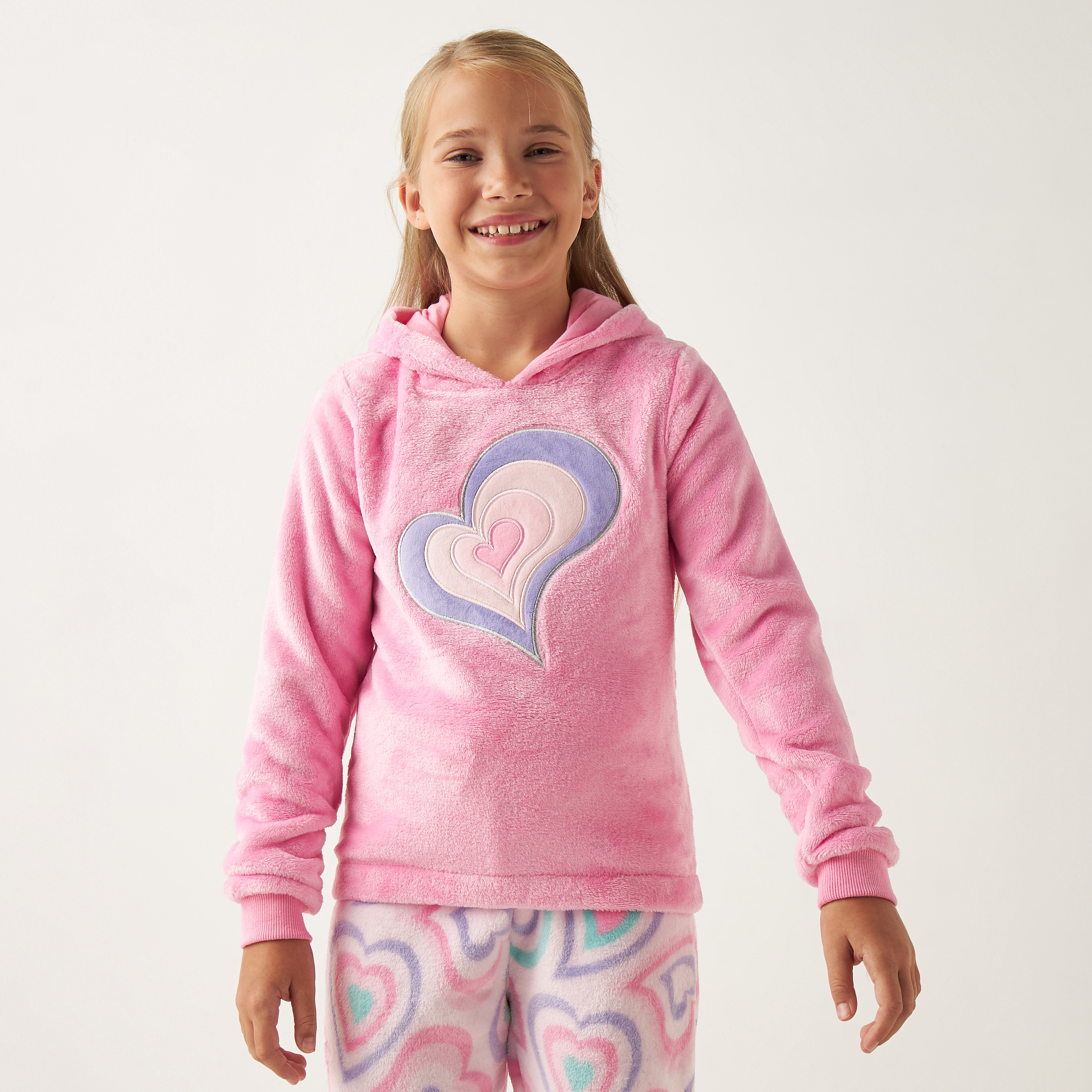 Juniors Hearts Embroidered Long Sleeves Hoodie and Pyjama Set-girls-clothing-nightwear-image-2