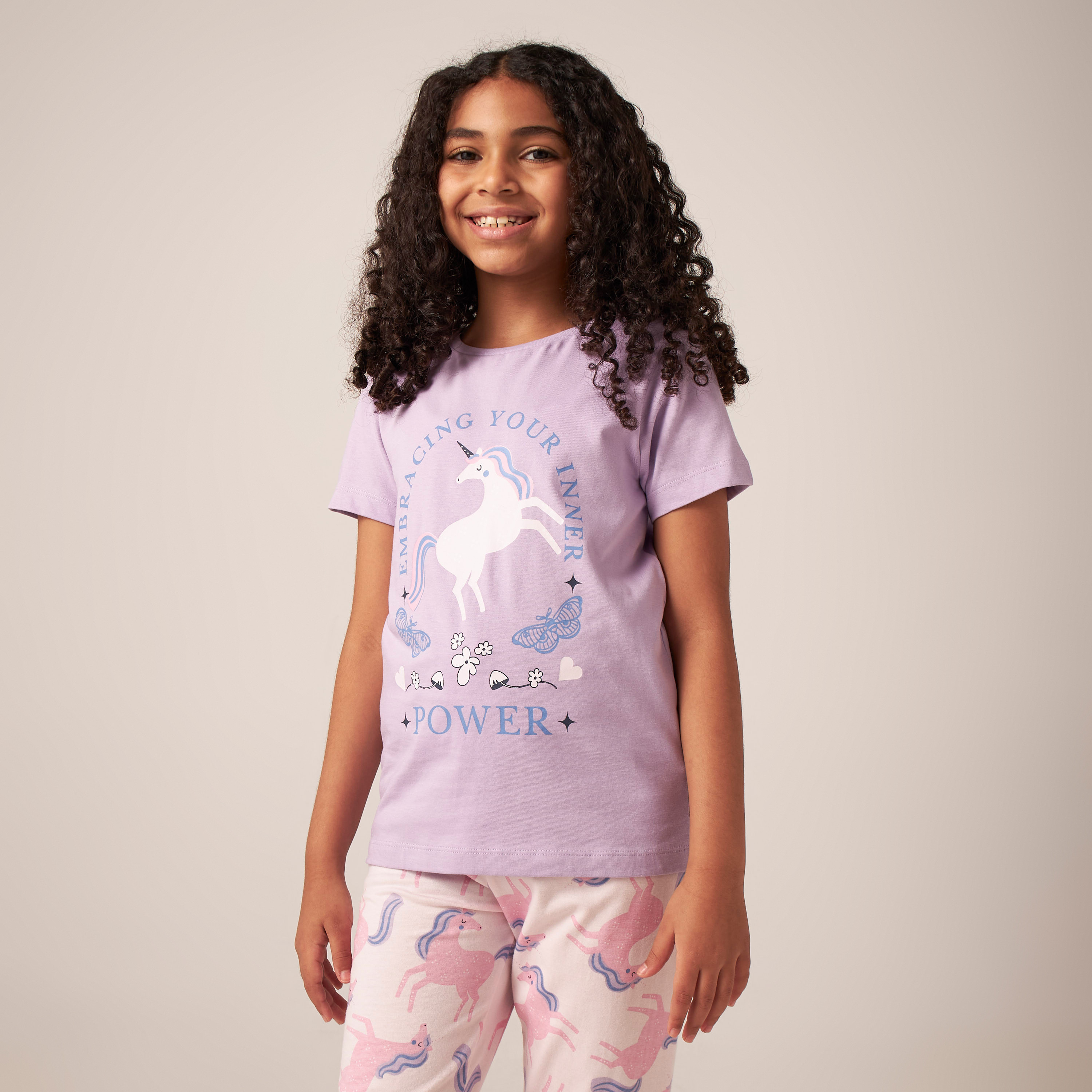 Juniors Unicorn Print T-shirt with Pyjamas - Set of 2-girls-clothing-nightwear-image-2