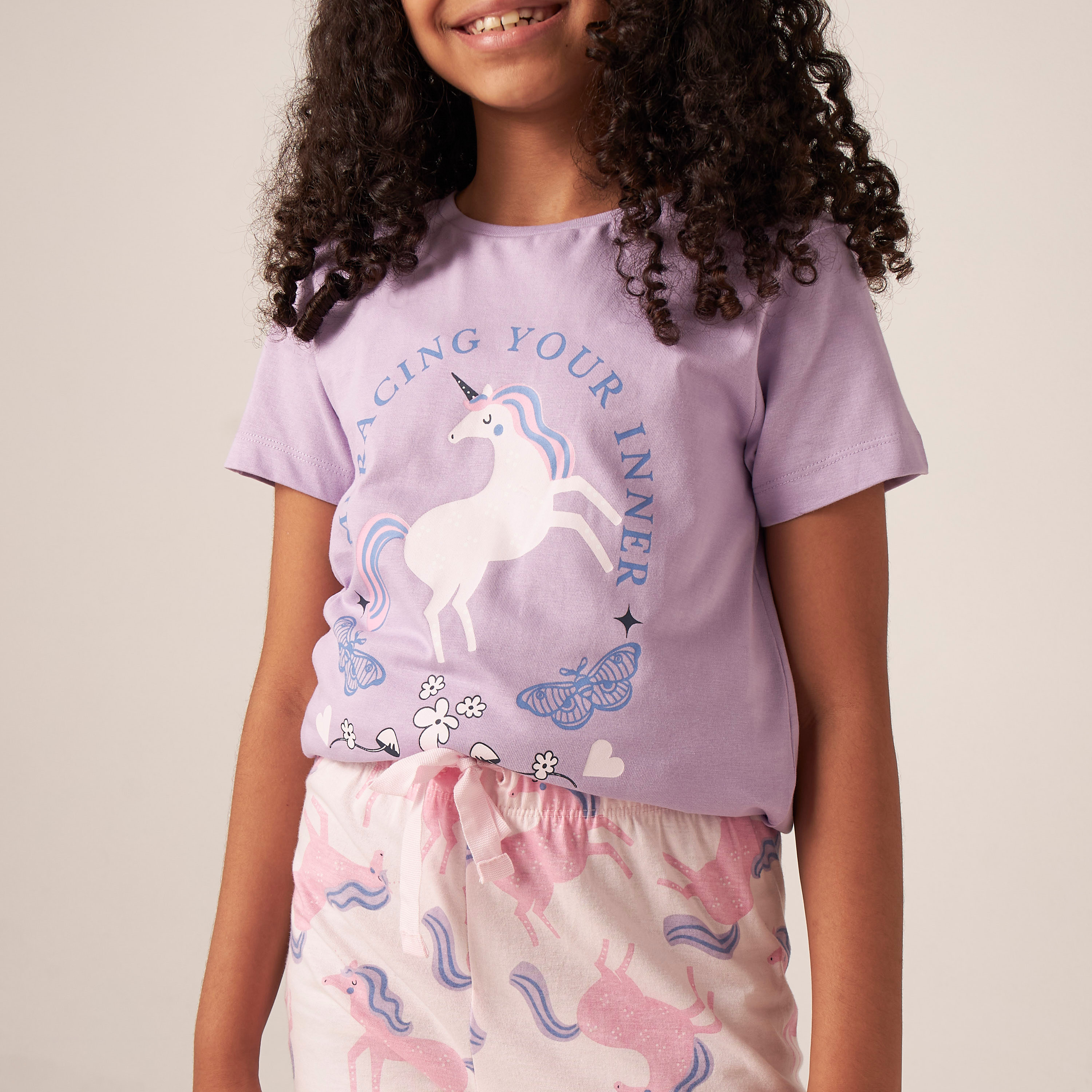 Juniors Unicorn Print T-shirt with Pyjamas - Set of 2-girls-clothing-nightwear-image-4