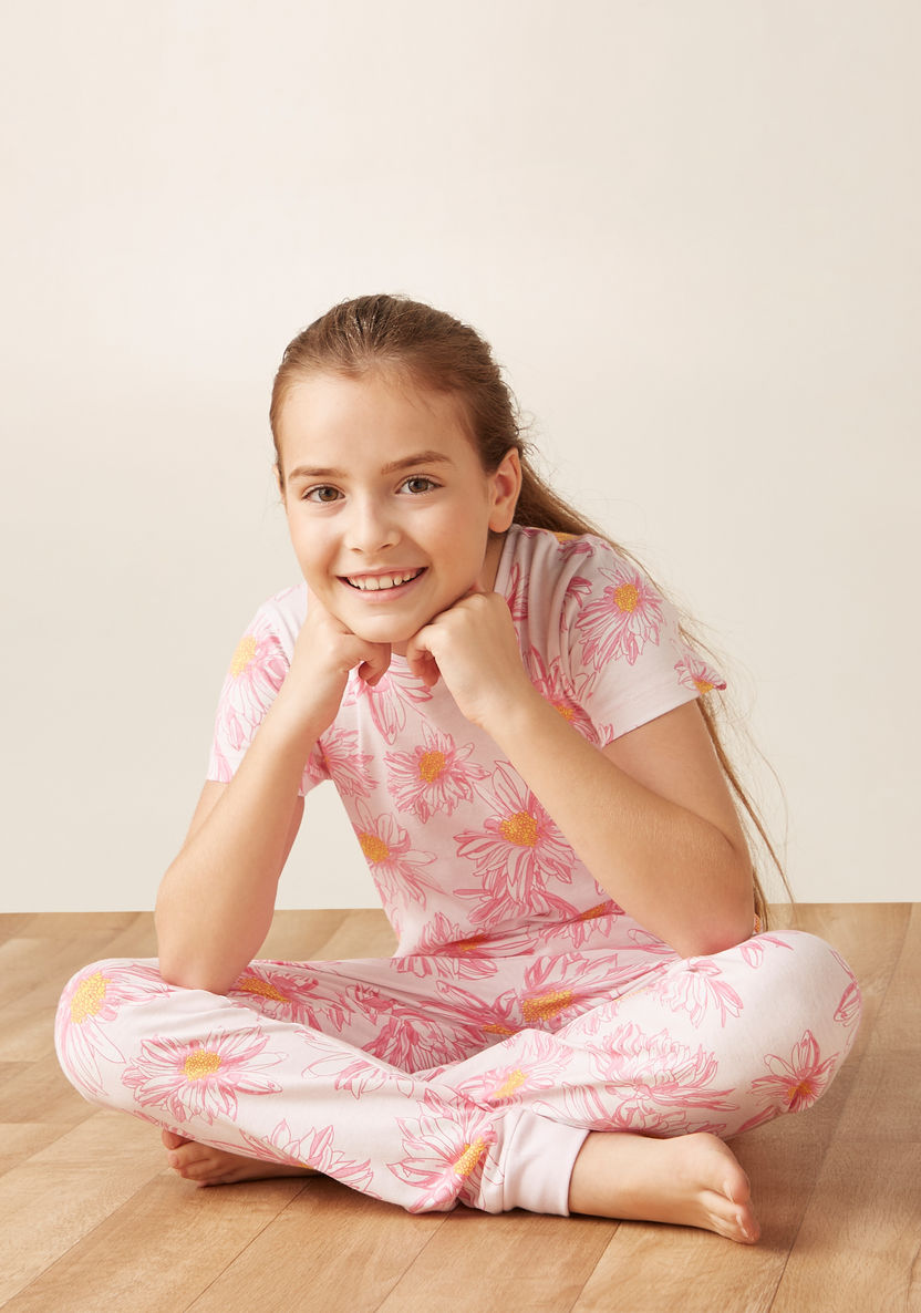 Juniors All-Over Floral Print T-shirt and Elasticated Pyjama Set-Nightwear-image-0