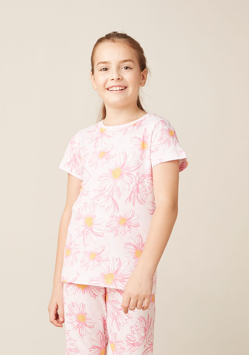 Juniors All-Over Floral Print T-shirt and Elasticated Pyjama Set-Nightwear-image-1