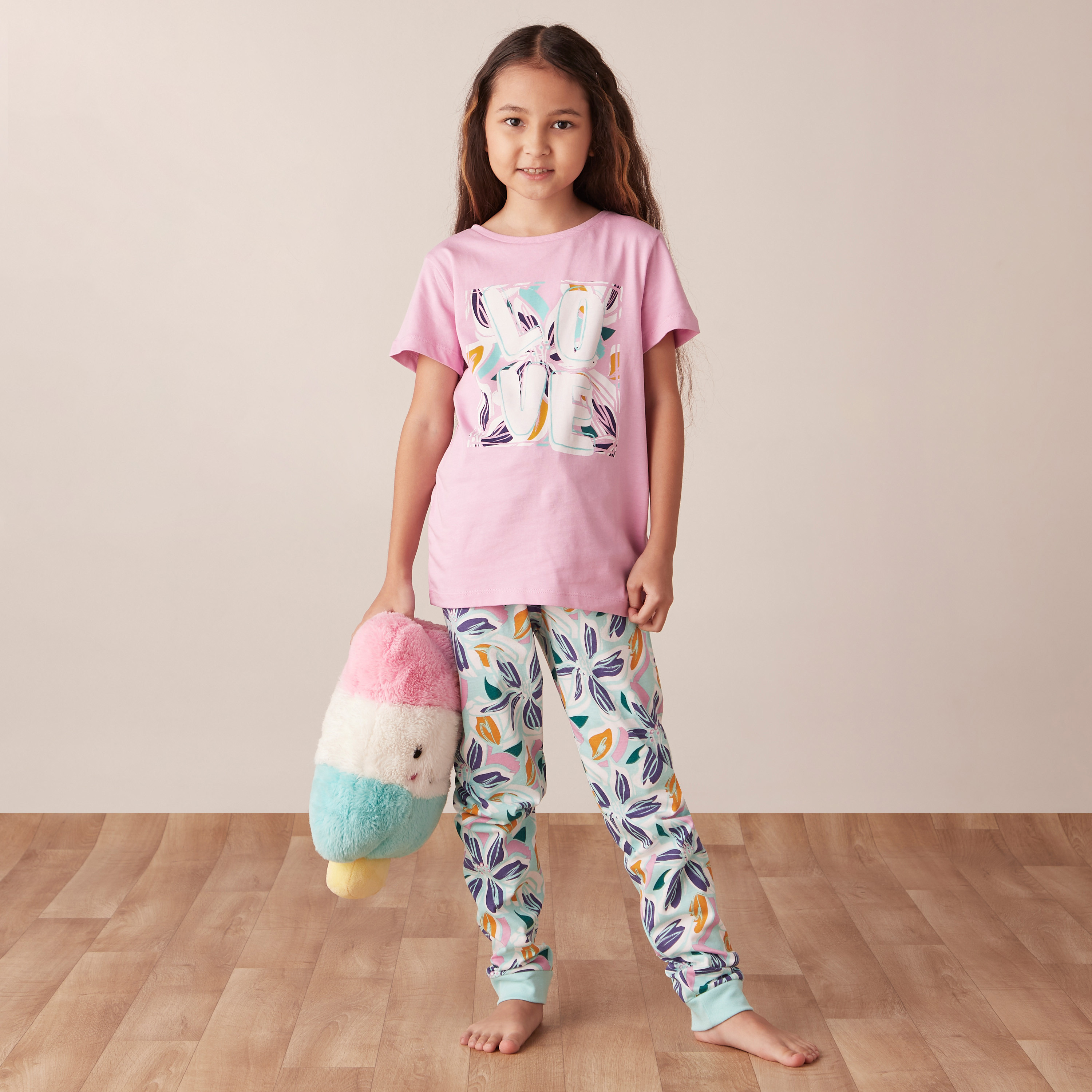 Juniors Floral Printed Short Sleeves T-shirt and Pyjama Set-girls-clothing-nightwear-image-1