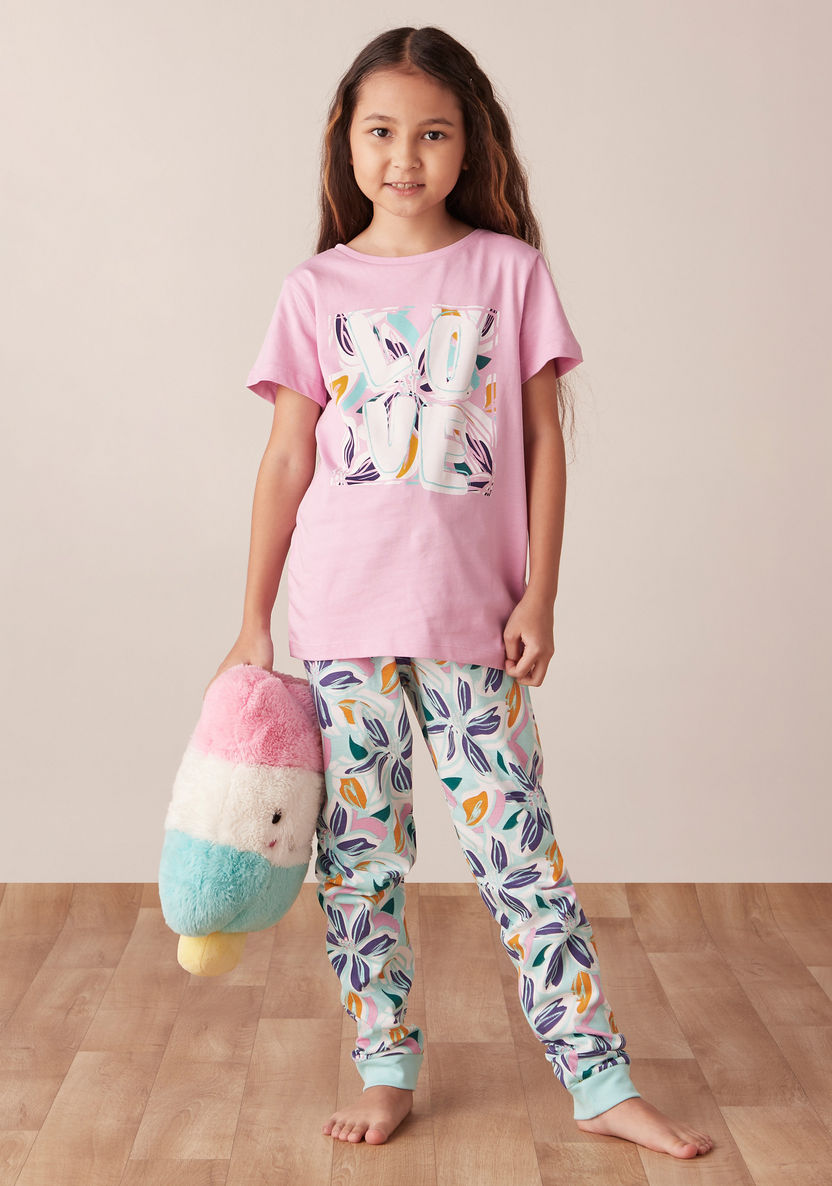Juniors Floral Printed Short Sleeves T-shirt and Pyjama Set-Nightwear-image-0