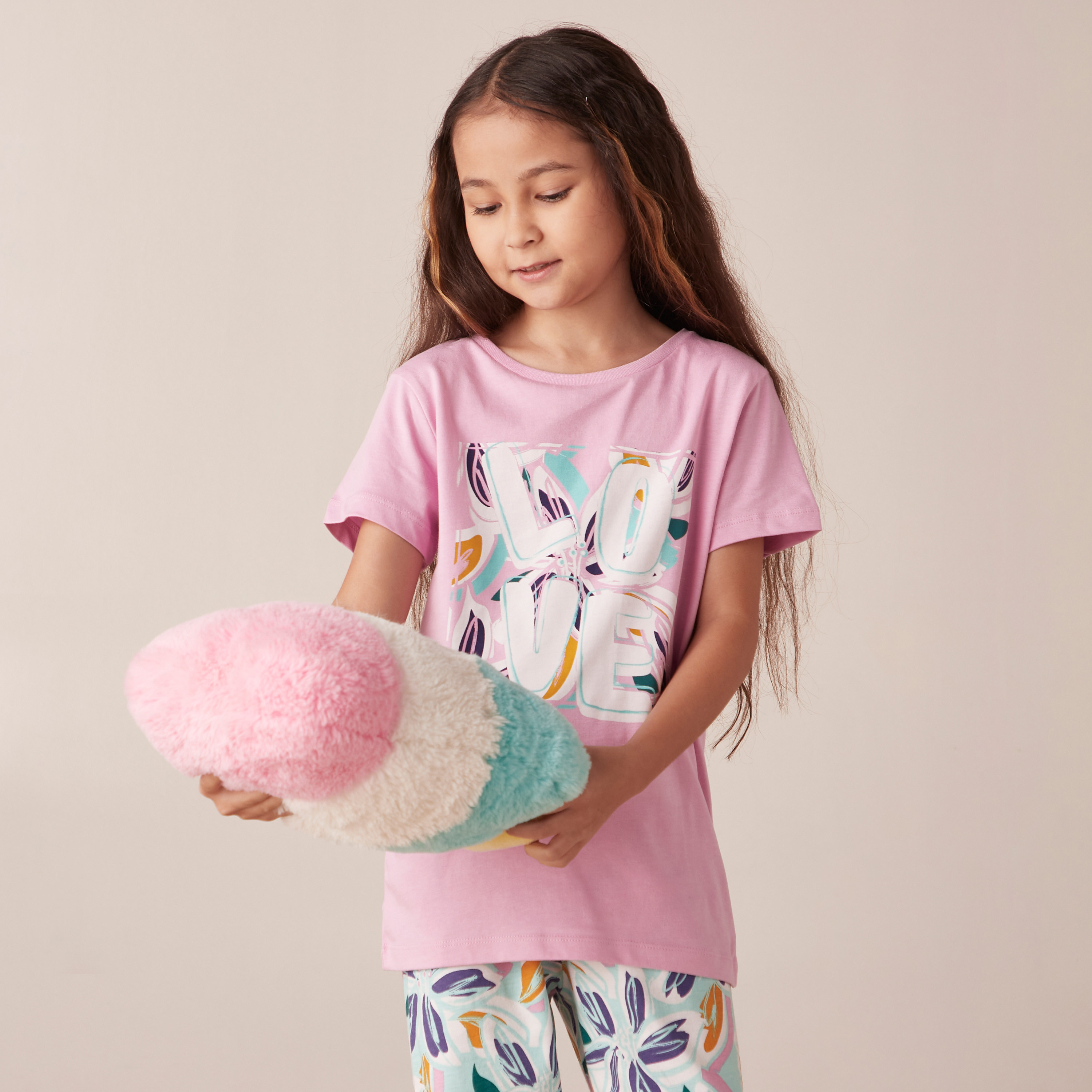 Juniors Floral Printed Short Sleeves T-shirt and Pyjama Set-girls-clothing-nightwear-image-2