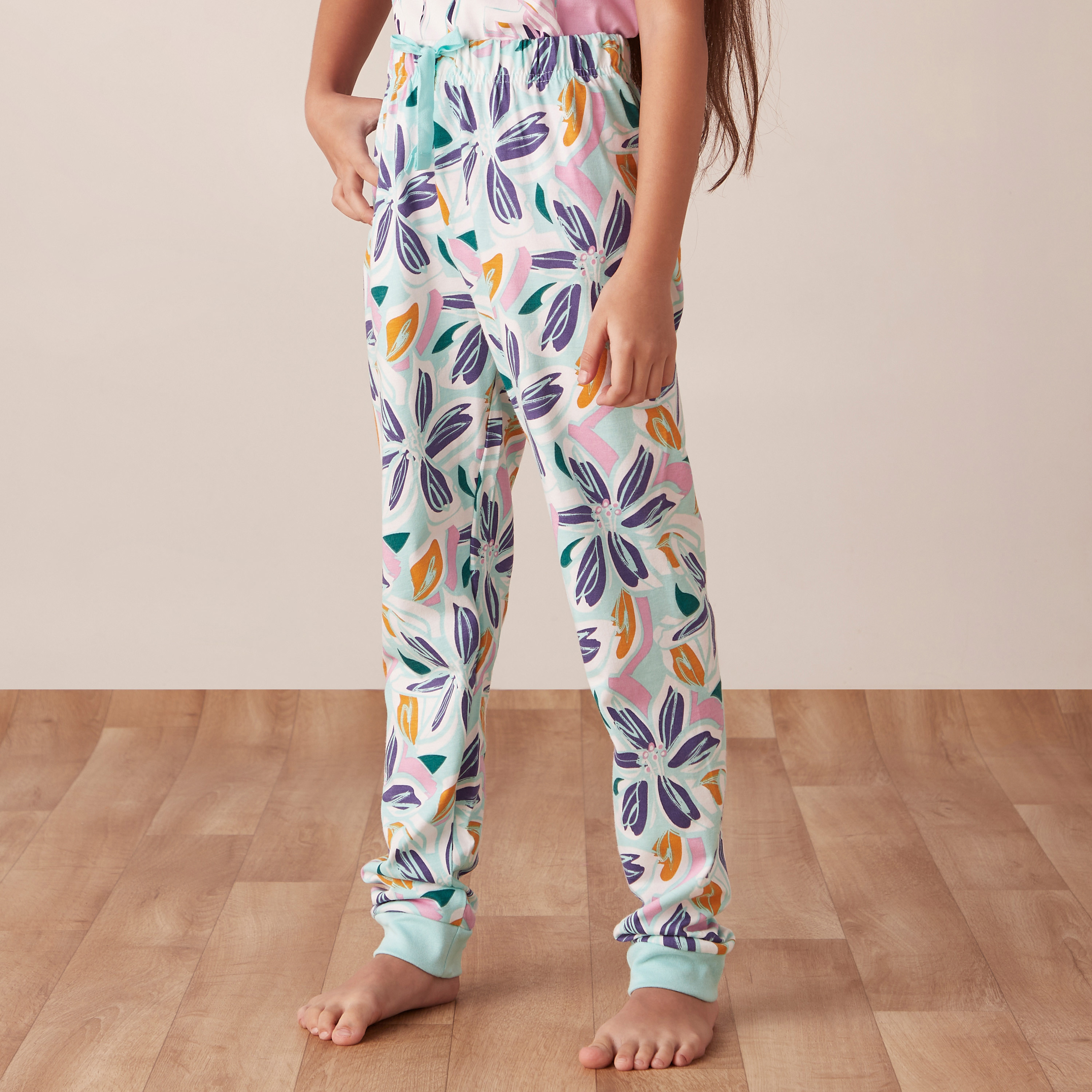 Juniors Floral Printed Short Sleeves T-shirt and Pyjama Set-girls-clothing-nightwear-image-3