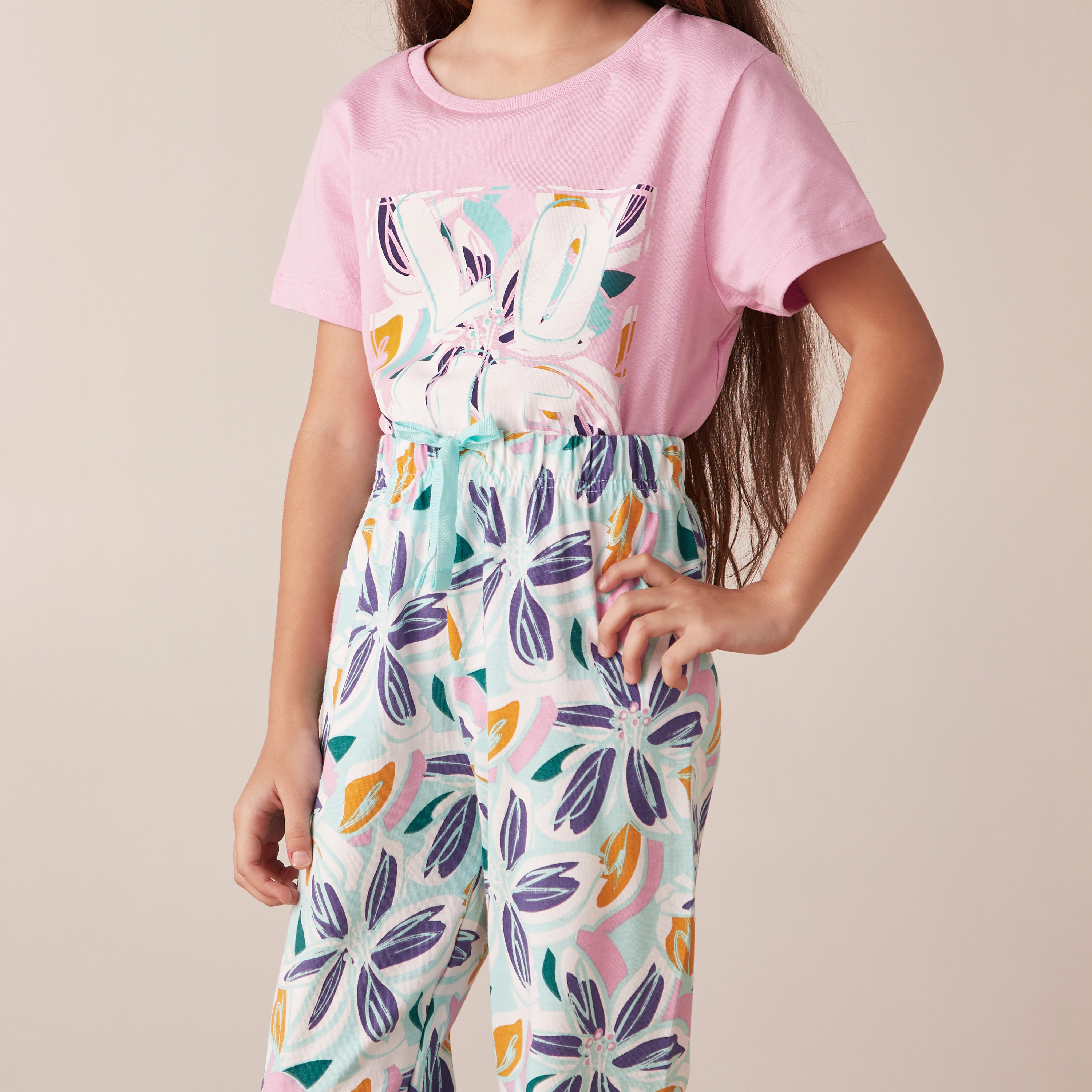 Juniors Floral Printed Short Sleeves T-shirt and Pyjama Set-girls-clothing-nightwear-image-4