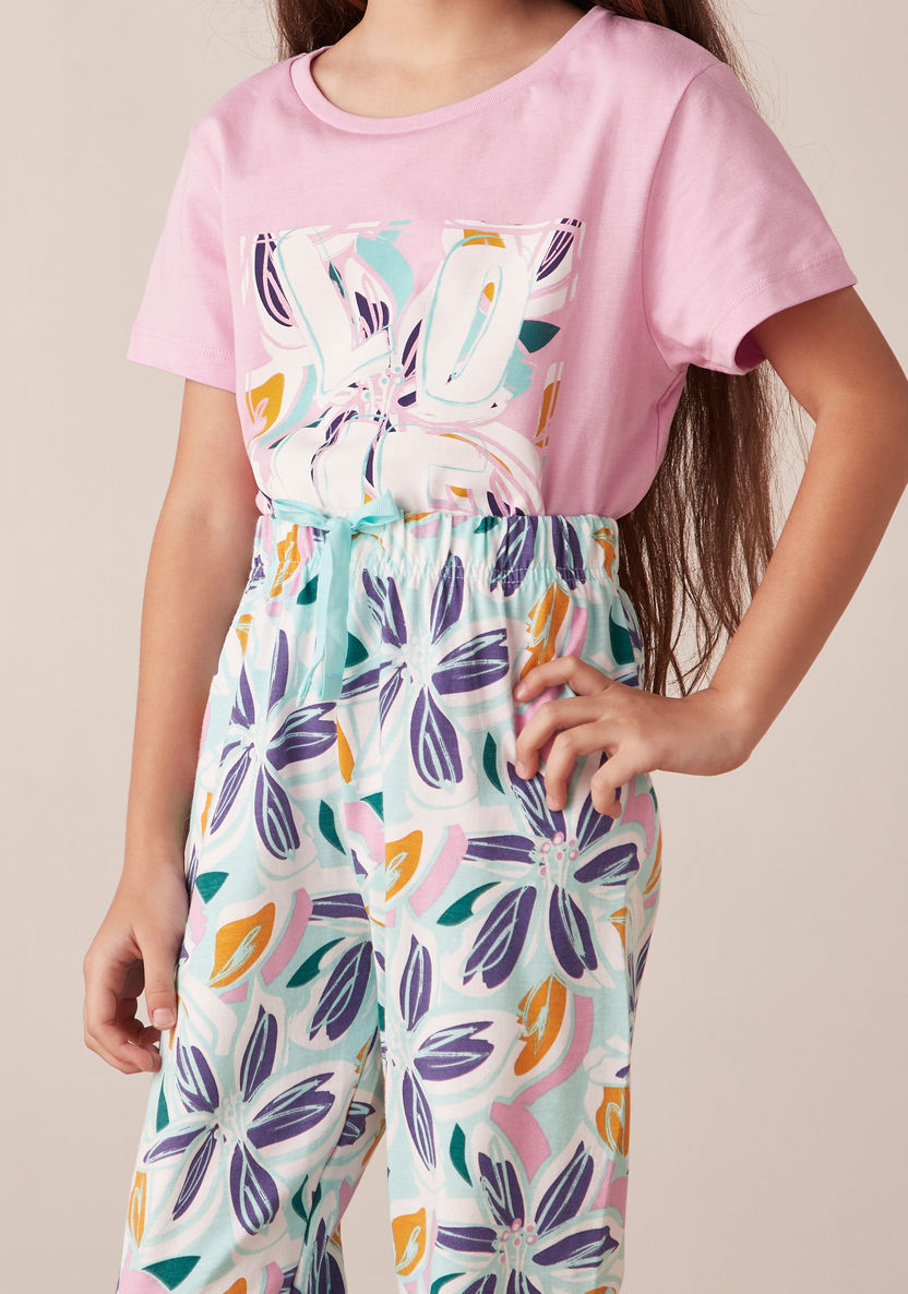 Juniors Floral Printed Short Sleeves T-shirt and Pyjama Set-Nightwear-image-3