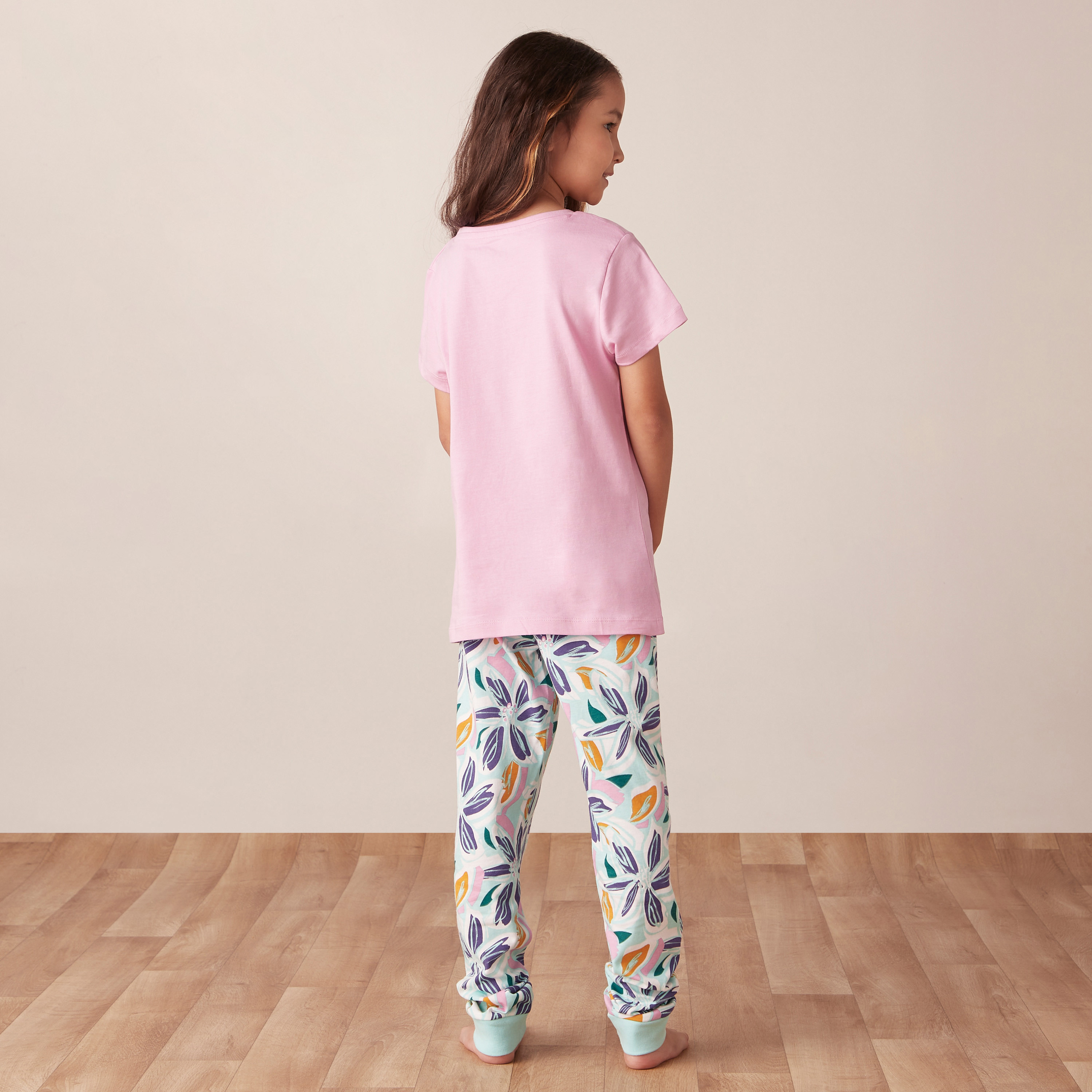 Juniors Floral Printed Short Sleeves T-shirt and Pyjama Set-girls-clothing-nightwear-image-5