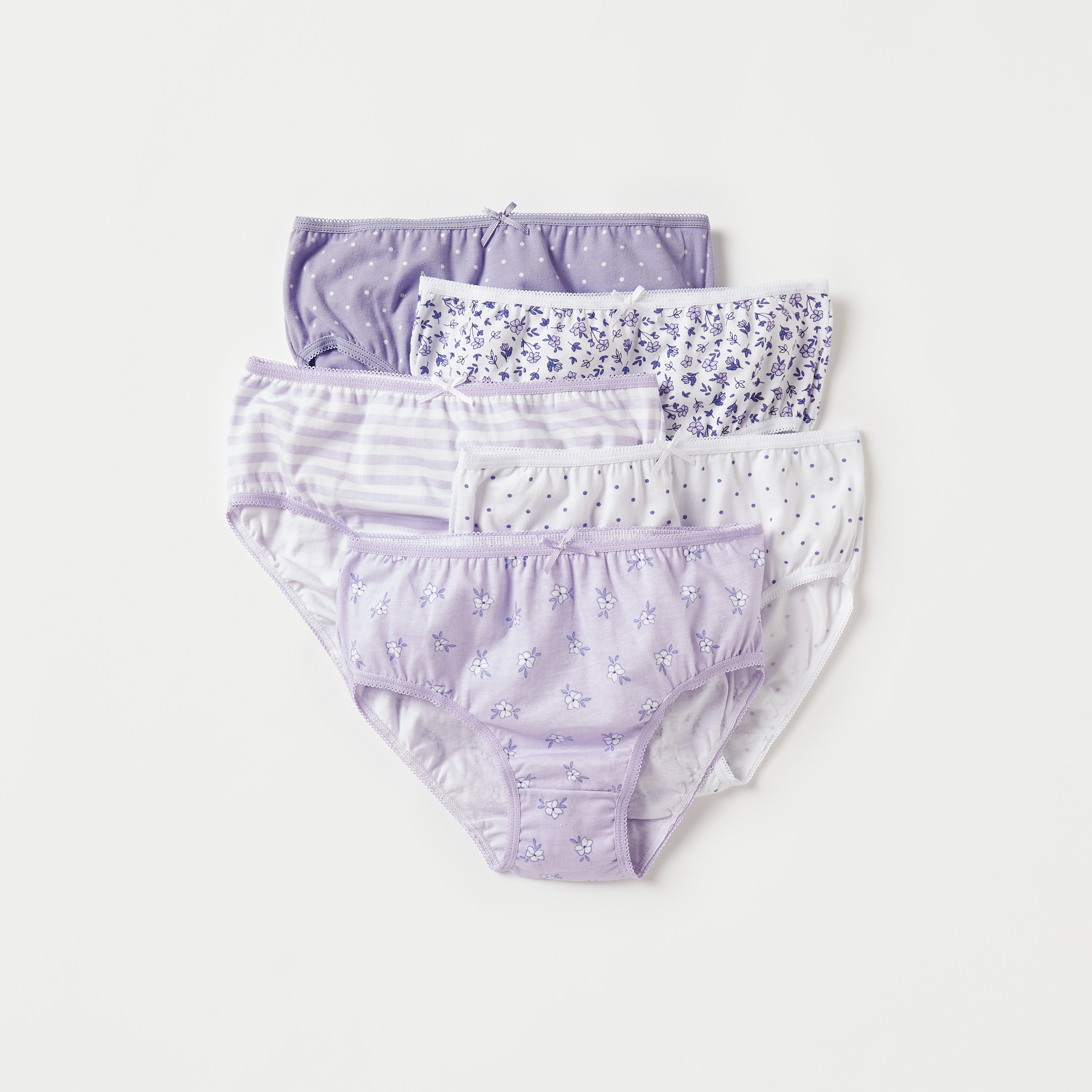 Juniors Printed Briefs with Elasticated Waistband and Bow Detail - Set of 5-girls-clothing-multipacks-image-1