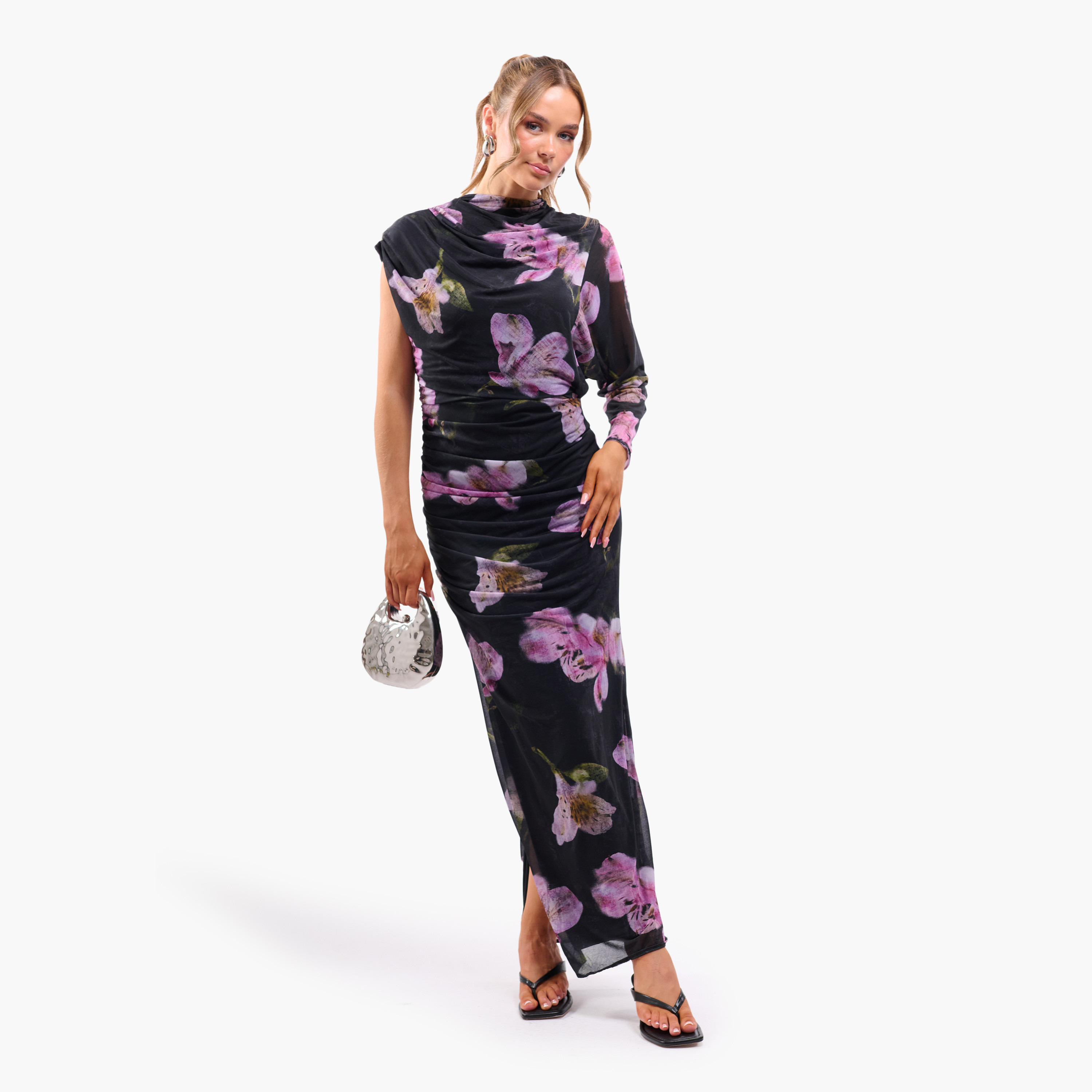 FAIA Black Ruched Floral Print Cowl Neck One Sleeve Slit Women's Maxi Dress-women-clothing-dresses-image-1