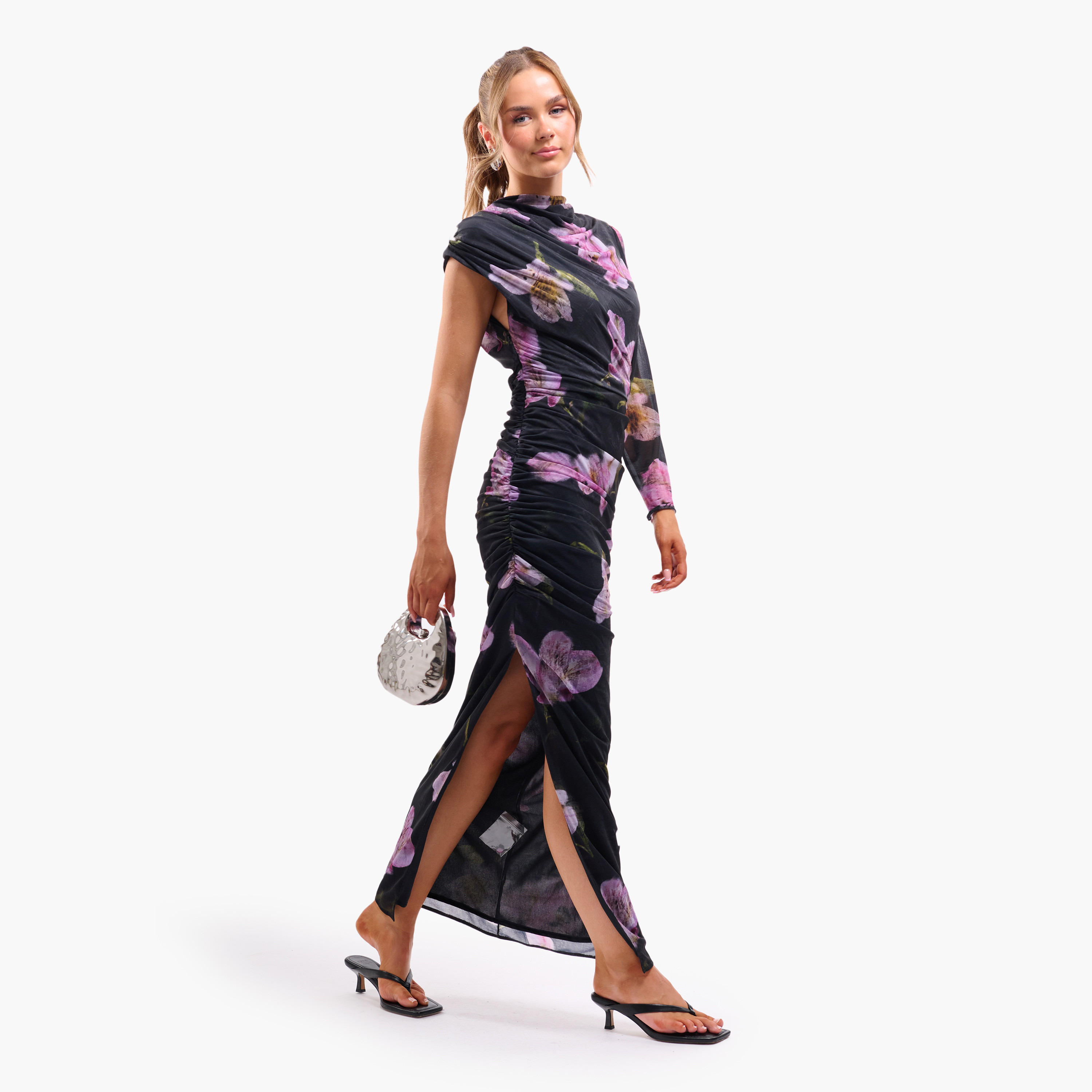 FAIA Black Ruched Floral Print Cowl Neck One Sleeve Slit Women's Maxi Dress-women-clothing-dresses-image-2