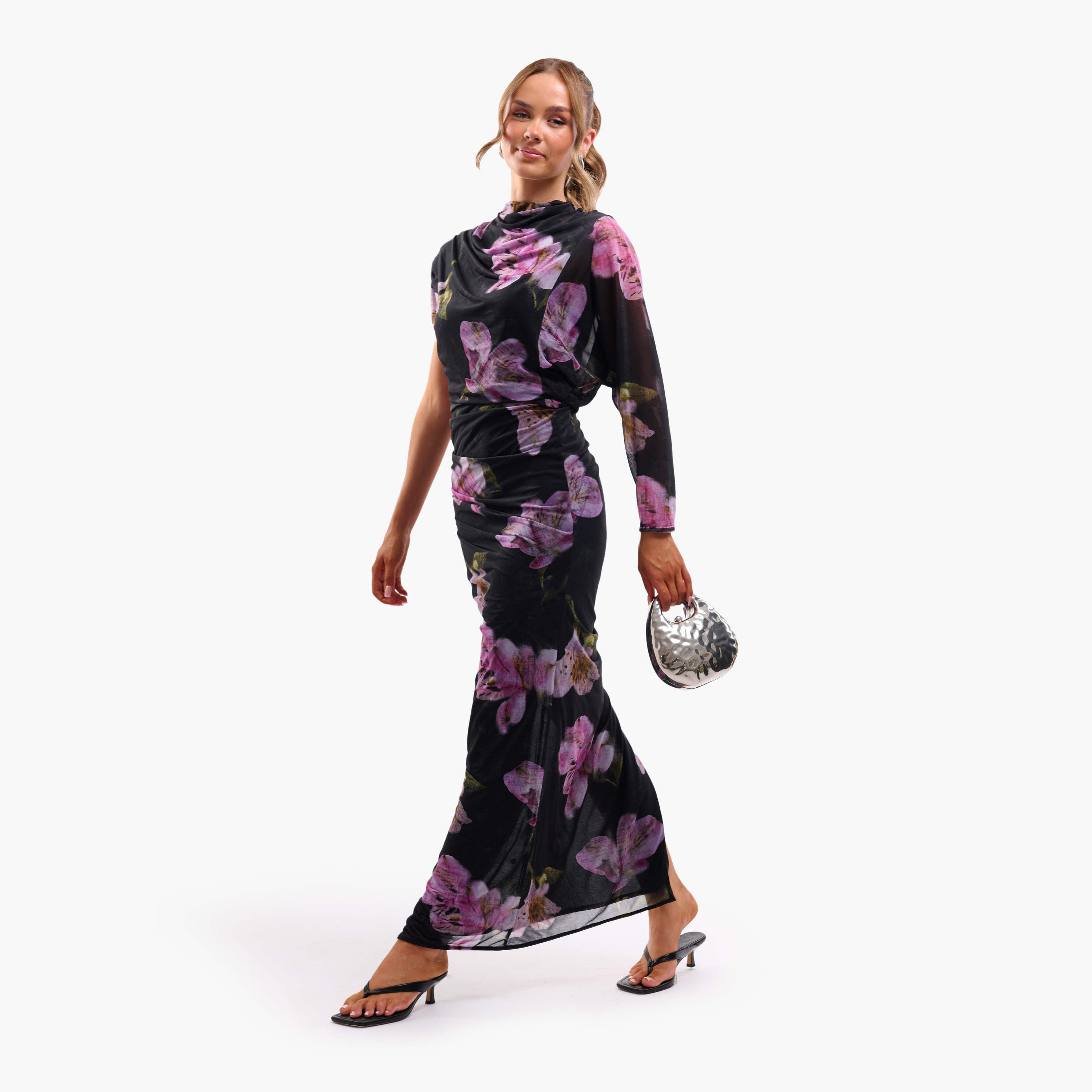 FAIA Black Ruched Floral Print Cowl Neck One Sleeve Slit Women's Maxi Dress-women-clothing-dresses-image-3