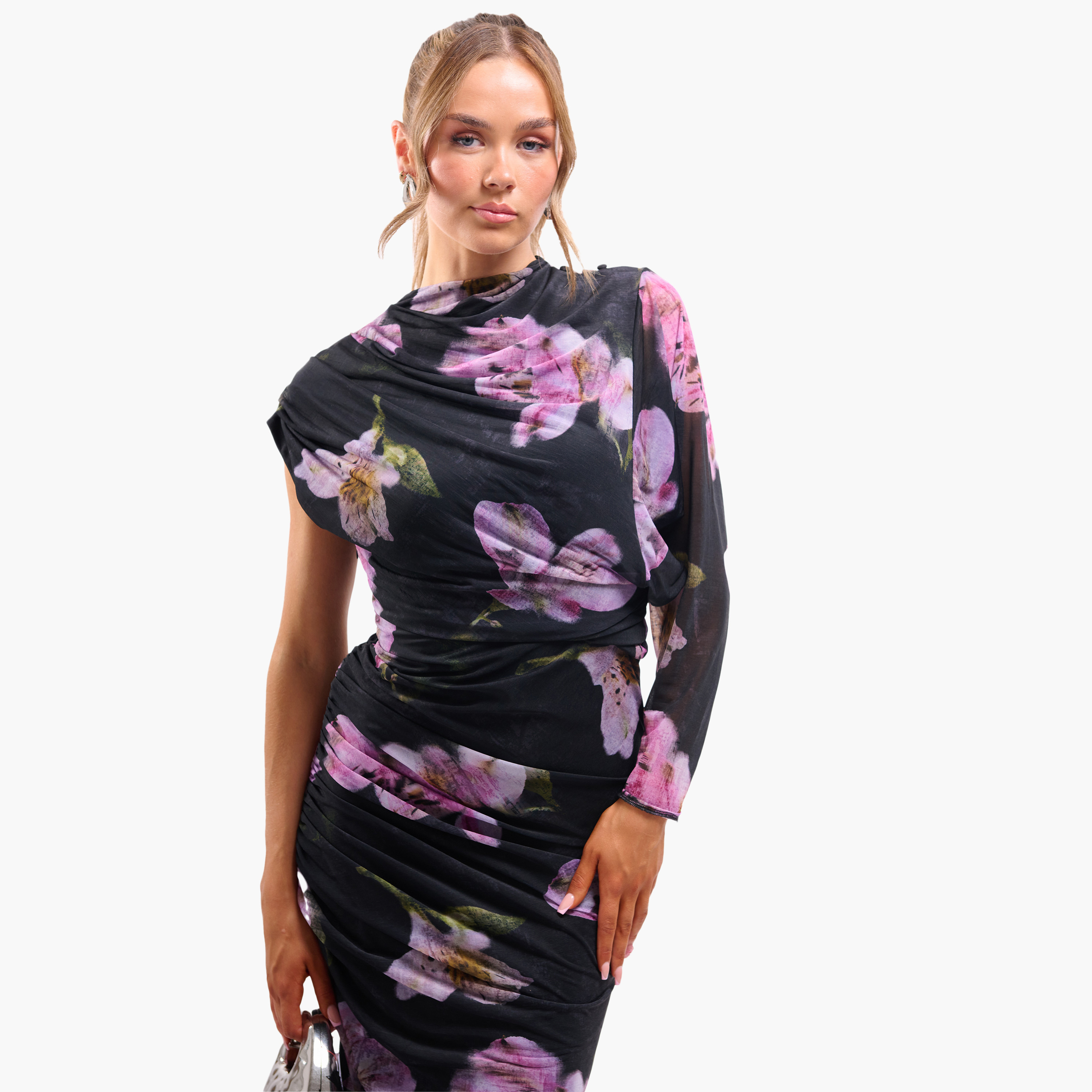 FAIA Black Ruched Floral Print Cowl Neck One Sleeve Slit Women's Maxi Dress-women-clothing-dresses-image-6