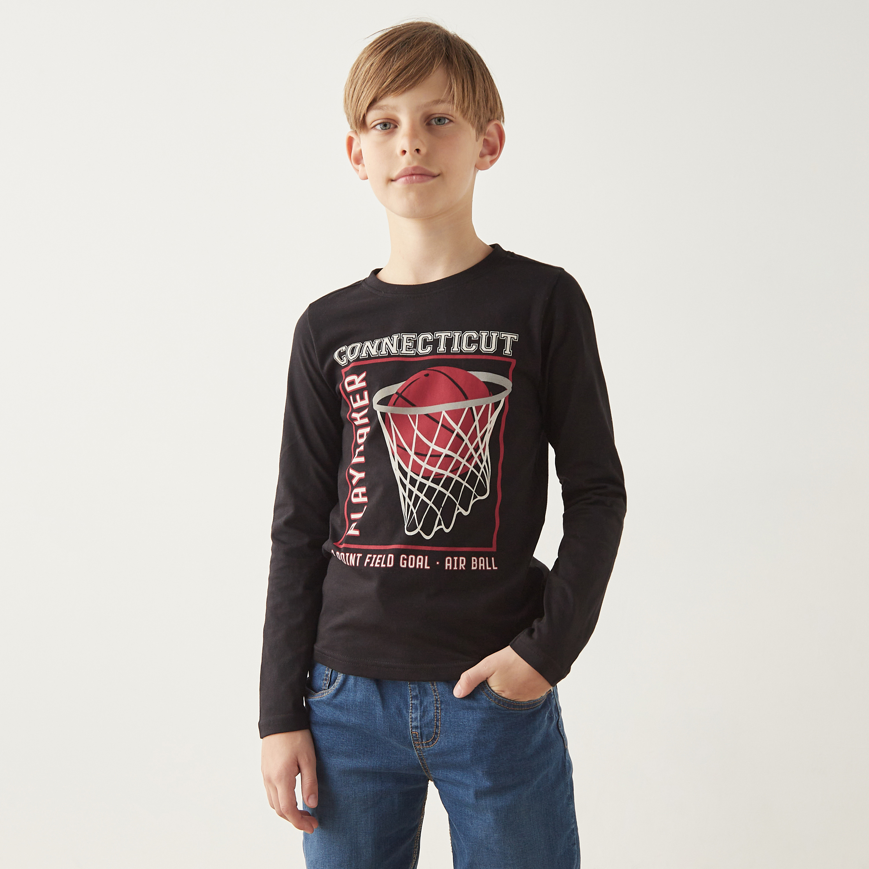 Juniors Graphic Print Crew Neck T-shirt with Long Sleeves-boys-clothing-tshirtsandpolos-image-1