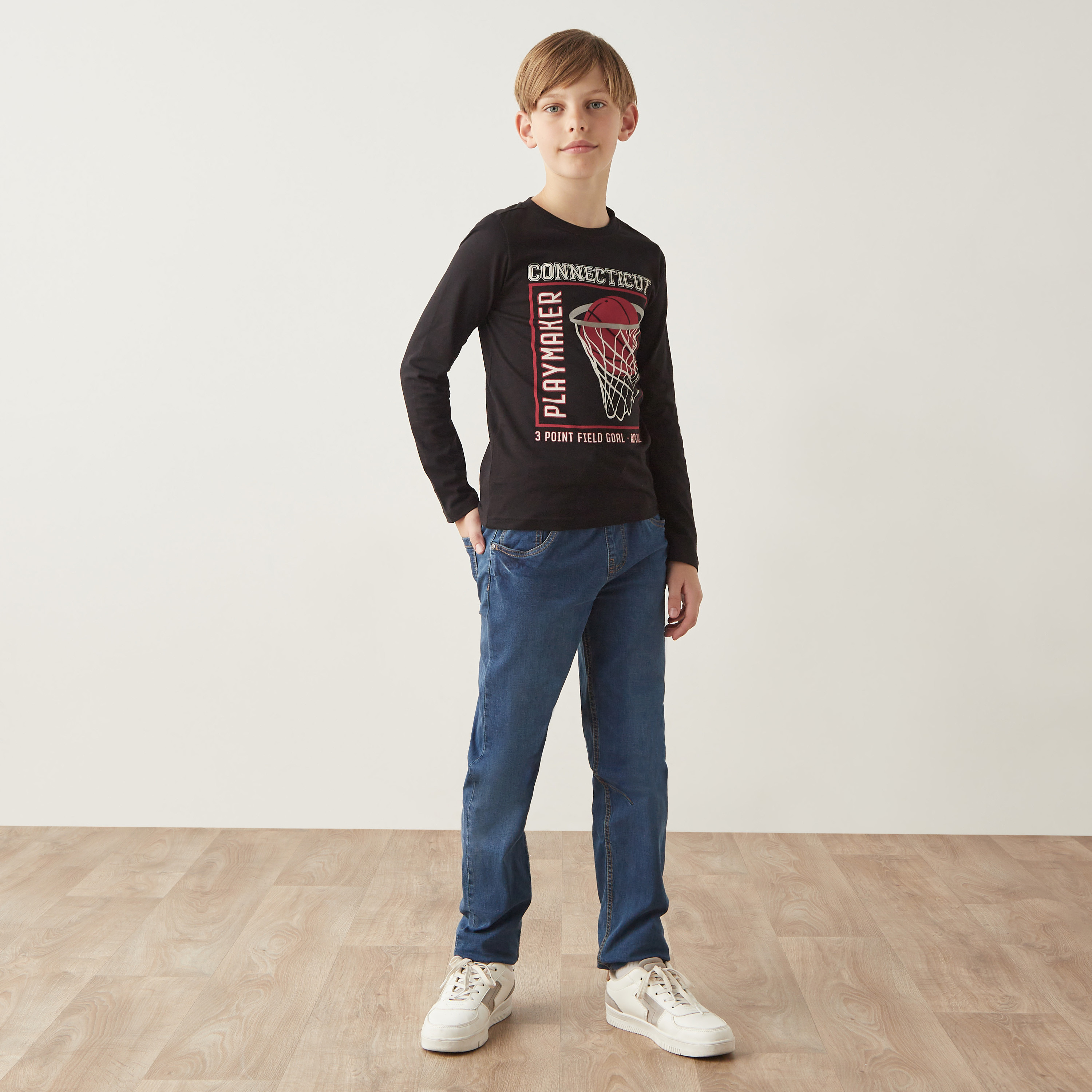 Juniors Graphic Print Crew Neck T-shirt with Long Sleeves-boys-clothing-tshirtsandpolos-image-2