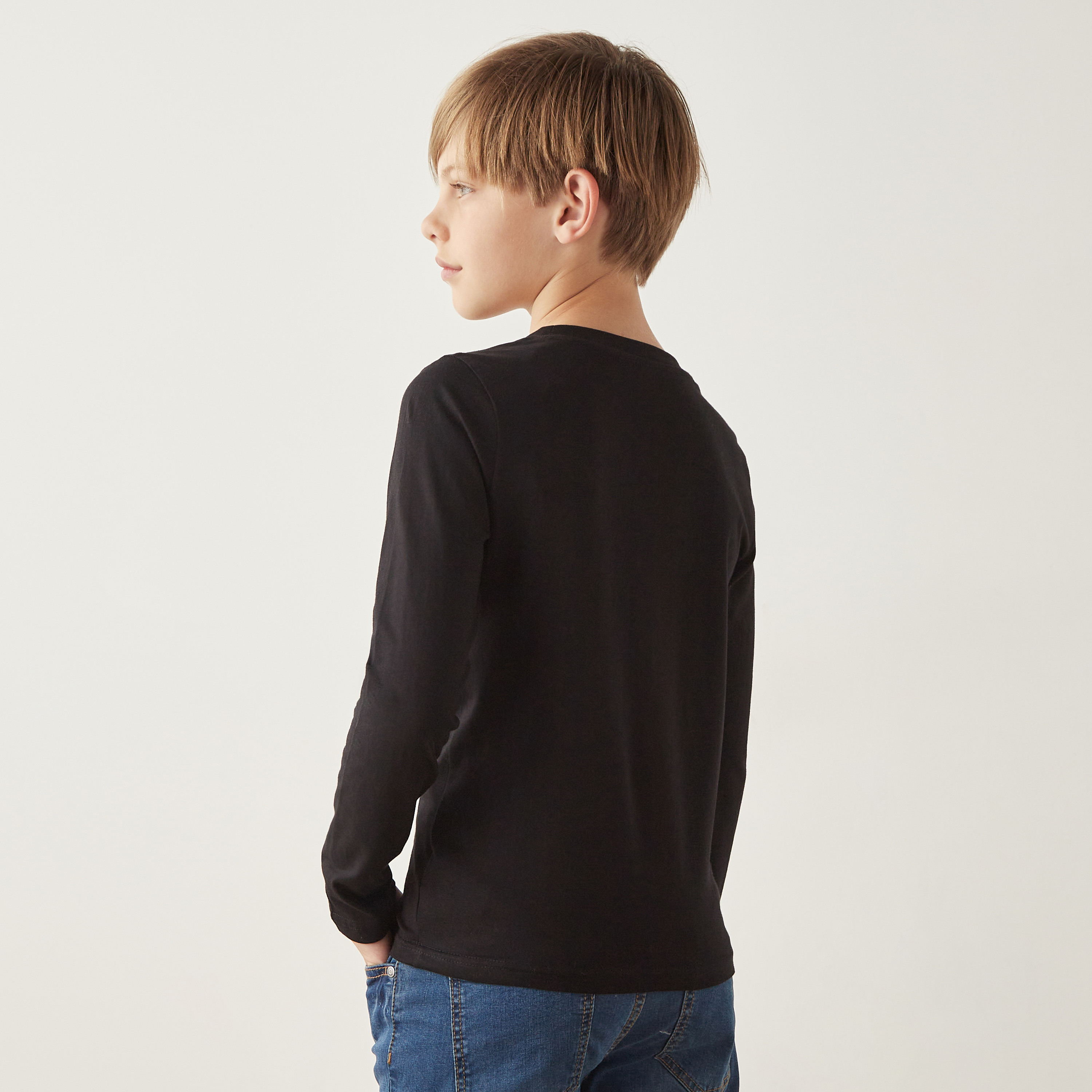 Juniors Graphic Print Crew Neck T-shirt with Long Sleeves-boys-clothing-tshirtsandpolos-image-3