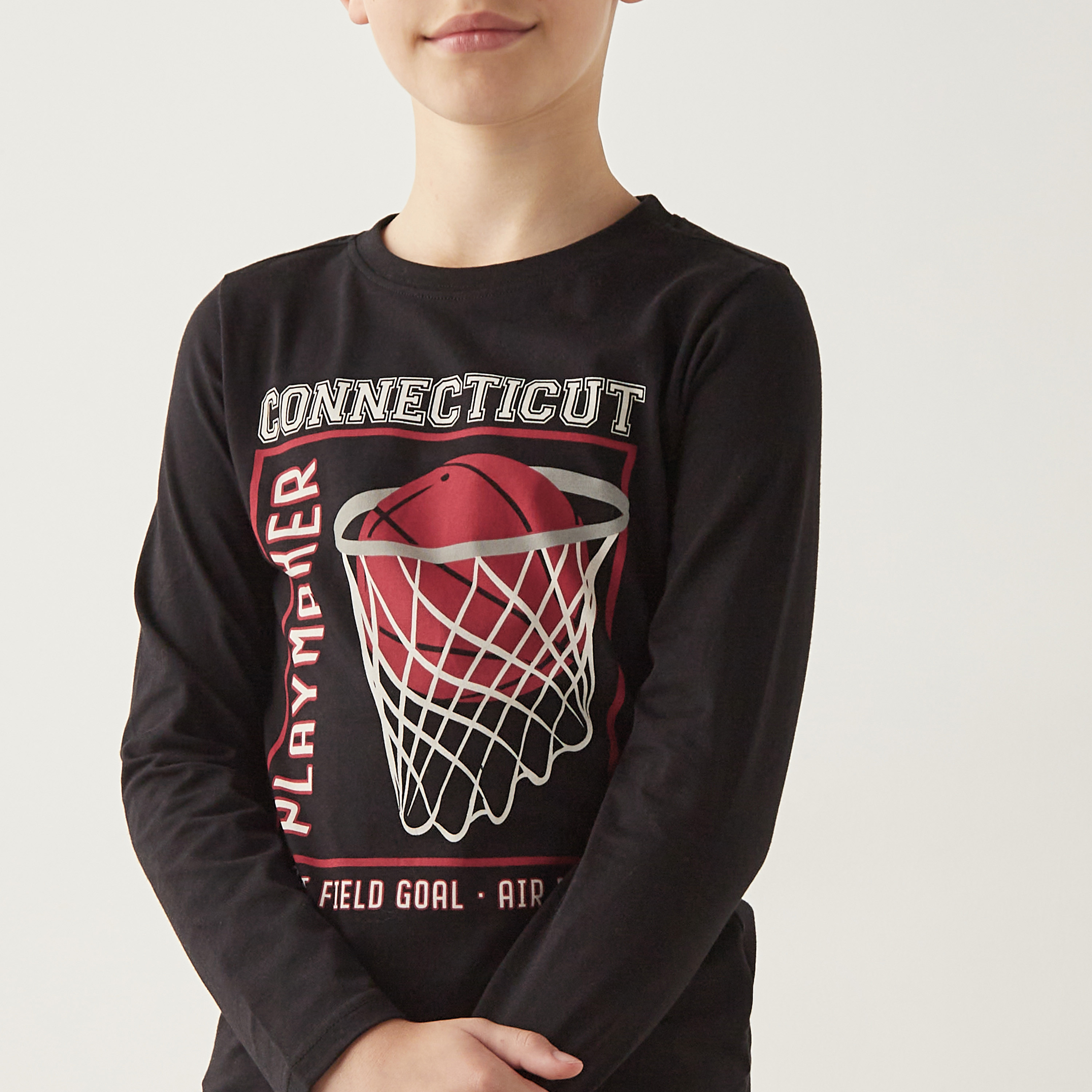 Juniors Graphic Print Crew Neck T-shirt with Long Sleeves-boys-clothing-tshirtsandpolos-image-4