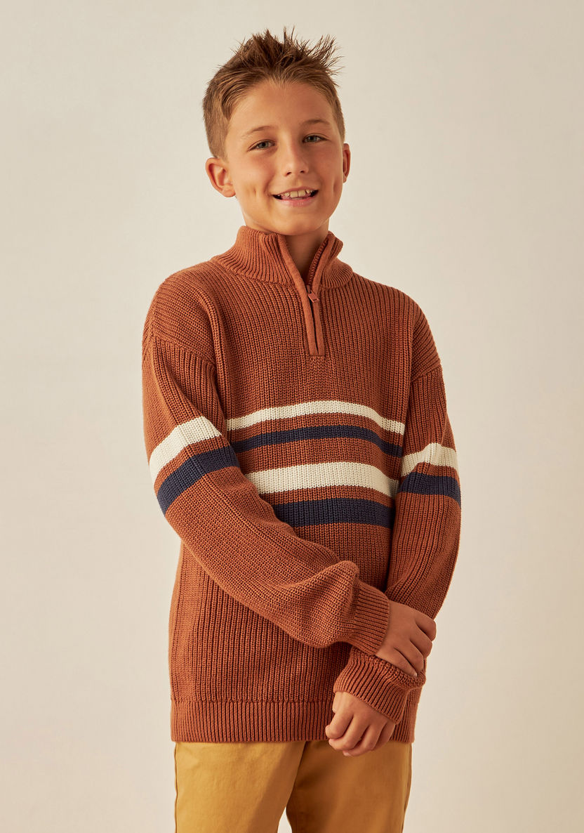 Juniors Striped Pullover with Zip Closure and Long Sleeves-Sweaters and Cardigans-image-0