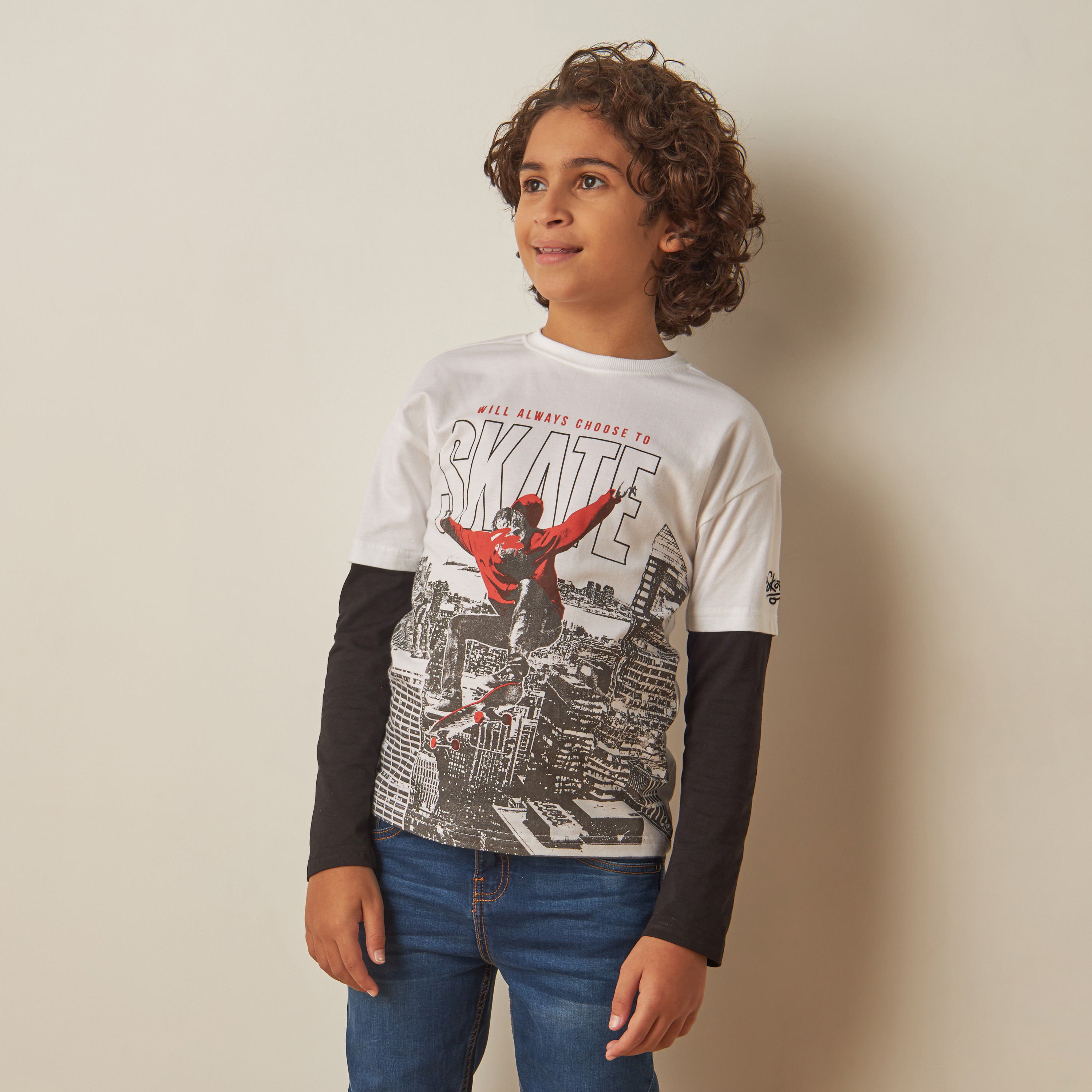 Buy Juniors Skating Graphic Print T shirt with Doctor Sleeves Online Babyshop UAE