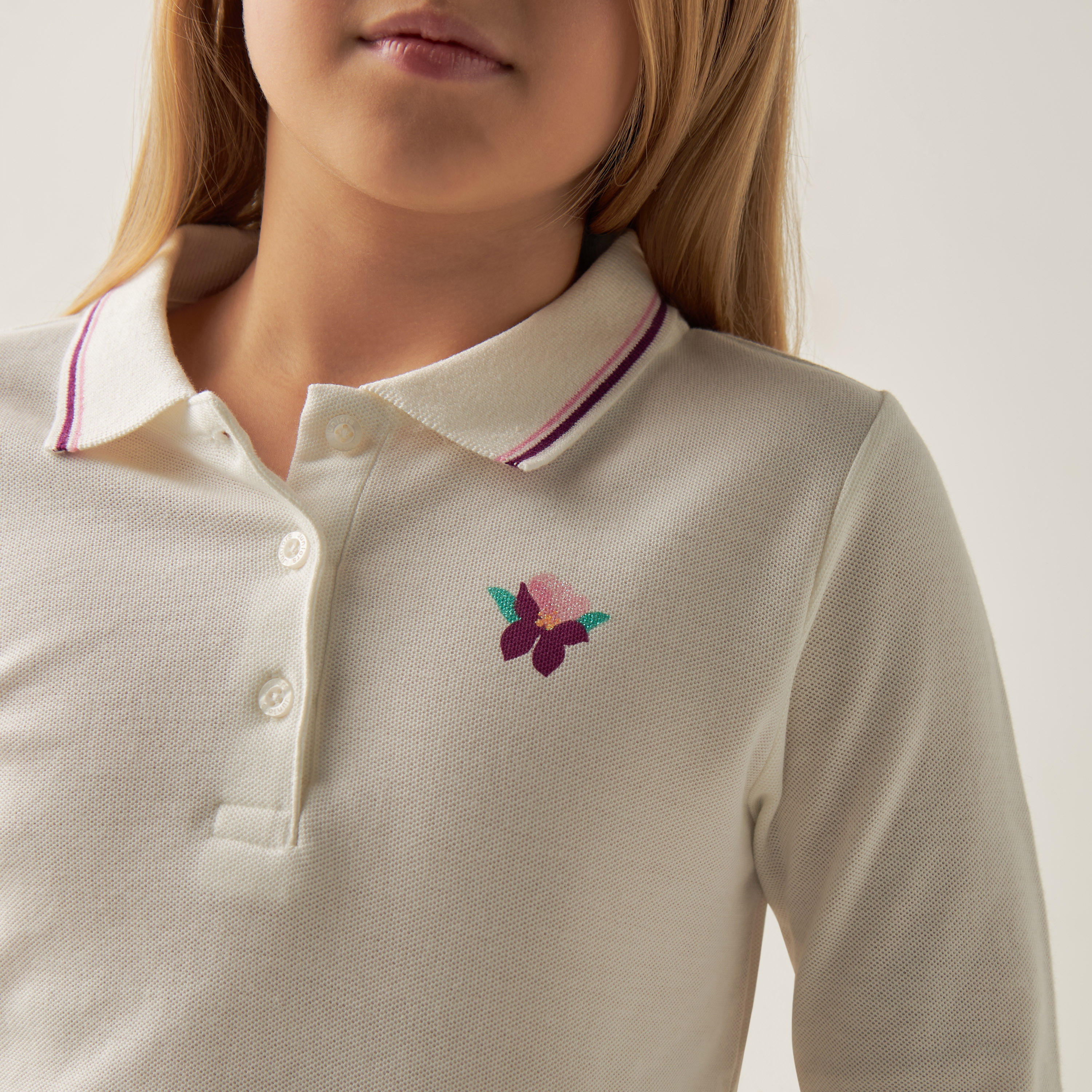Juniors Floral Print Polo T-shirt with Long Sleeves-girls-clothing-tshirts-image-2