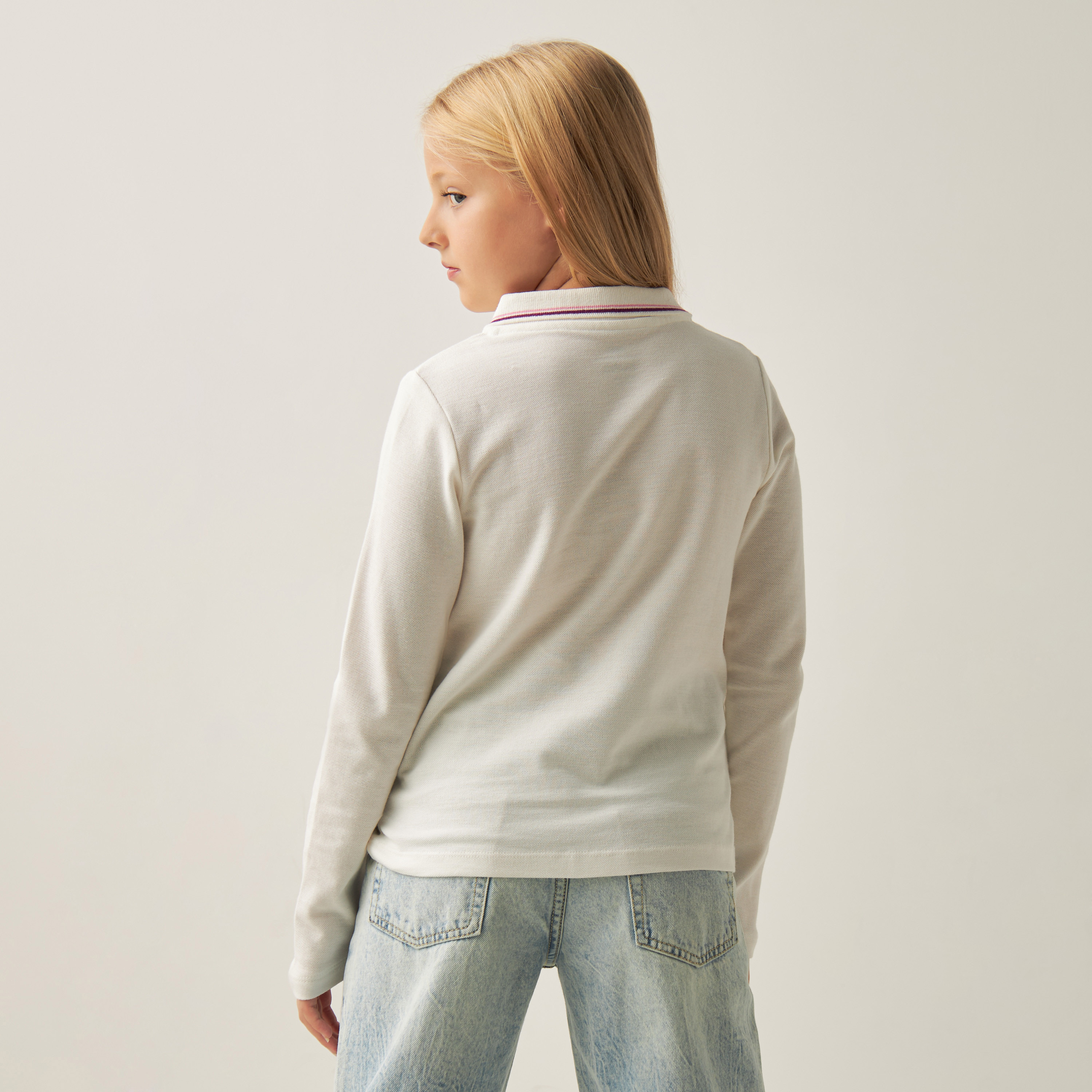Juniors Floral Print Polo T-shirt with Long Sleeves-girls-clothing-tshirts-image-3