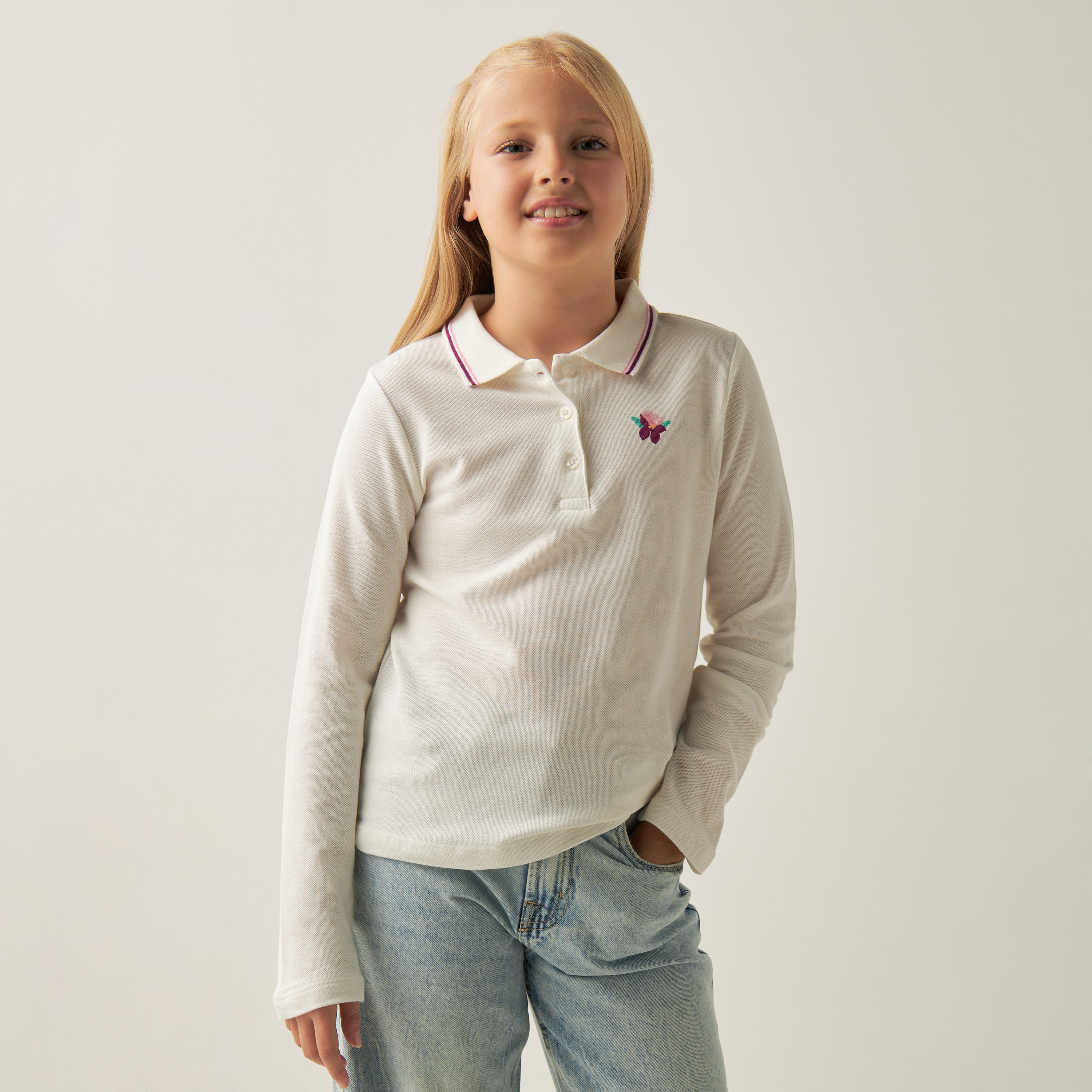 Juniors Floral Print Polo T-shirt with Long Sleeves-girls-clothing-tshirts-image-4