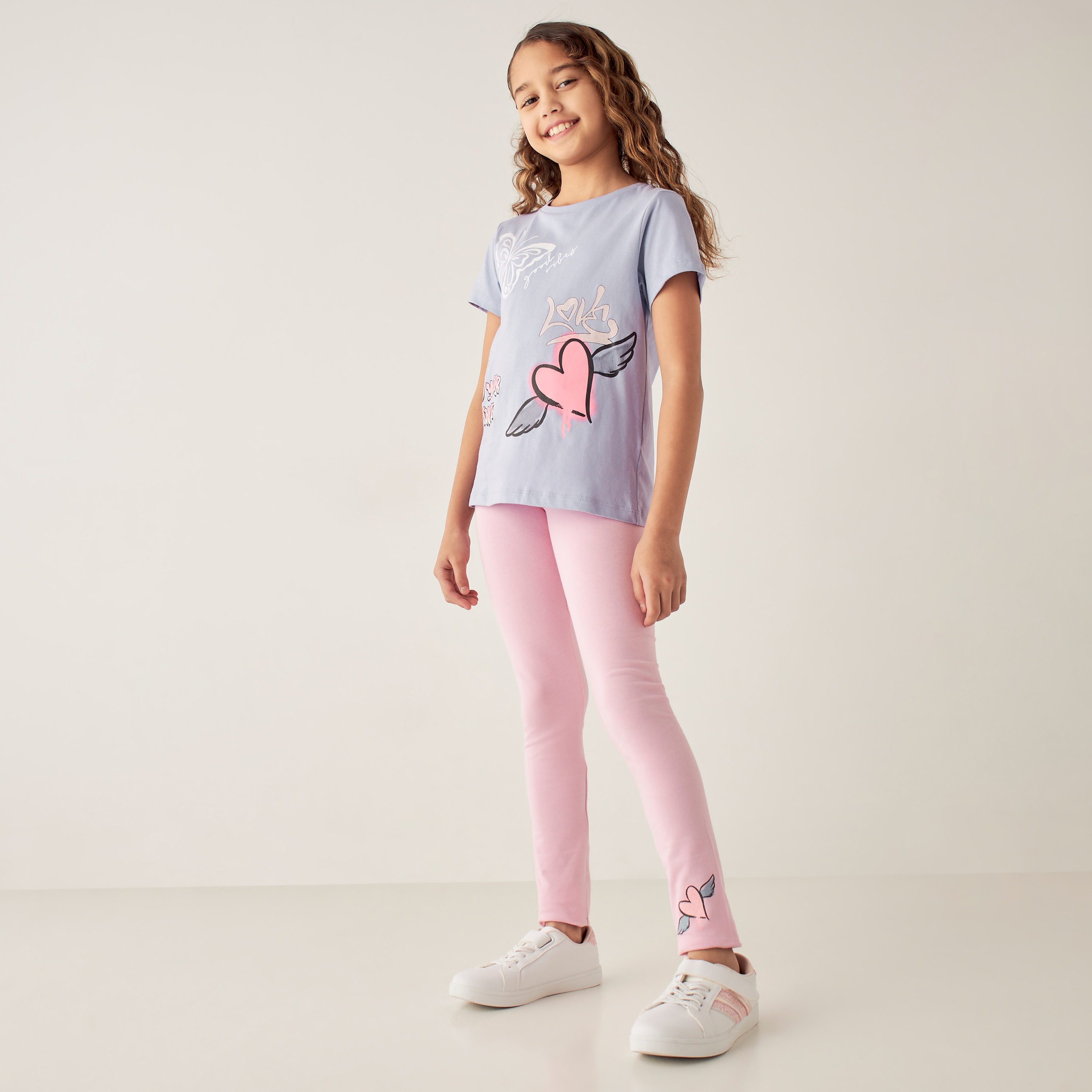 Juniors Heart Print Cotton Leggings with Elasticated Waistband-girls-clothing-bottoms-leggings-image-2