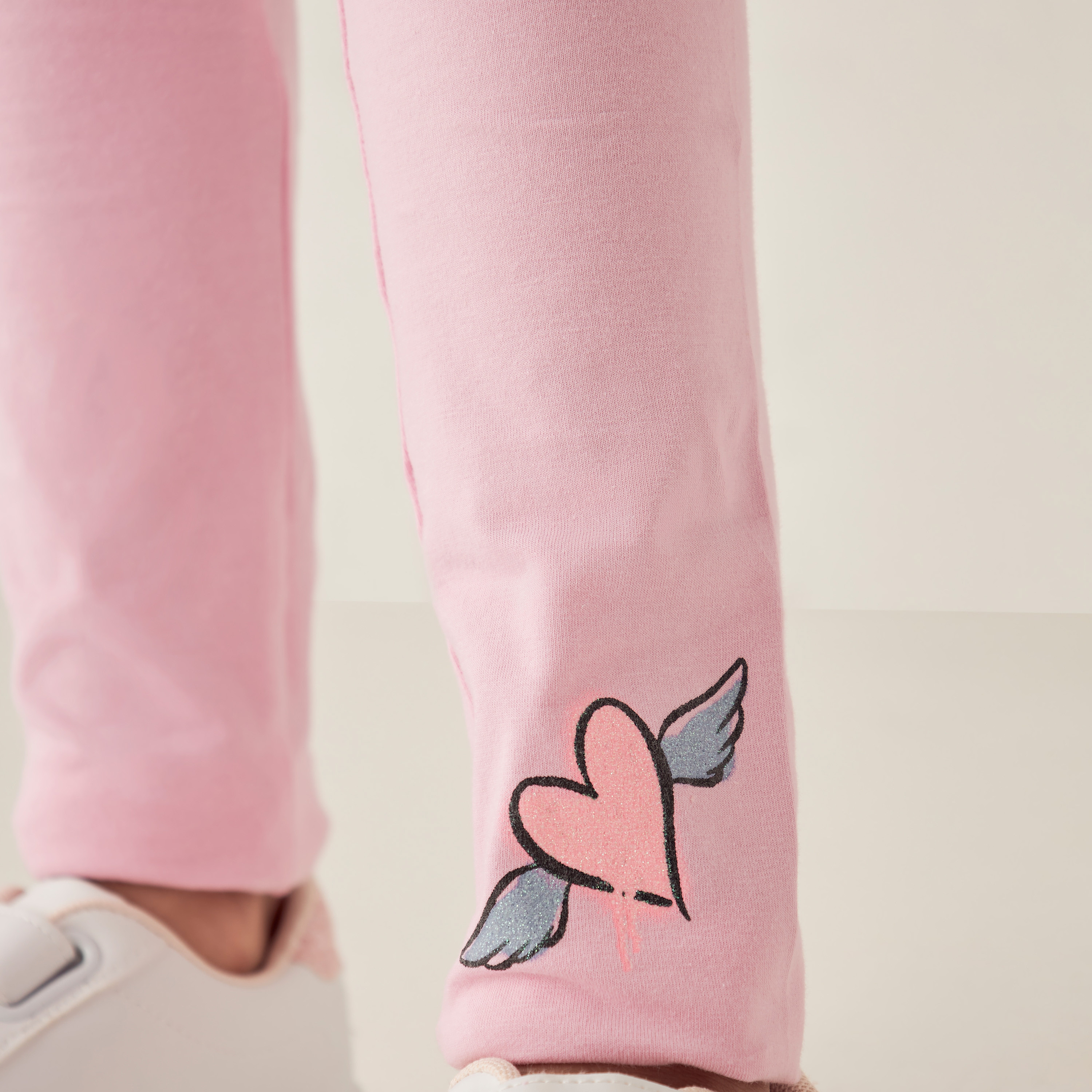 Juniors Heart Print Cotton Leggings with Elasticated Waistband-girls-clothing-bottoms-leggings-image-4