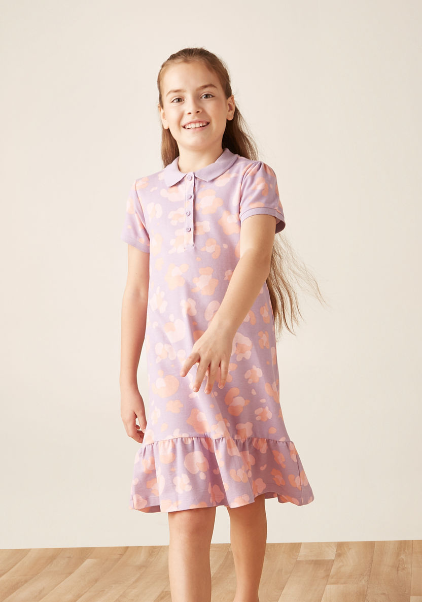 Juniors All-Over Abstract Print Polo Dress with Drop Waist and Short Sleeves-Dresses%2C Gowns and Frocks-image-0